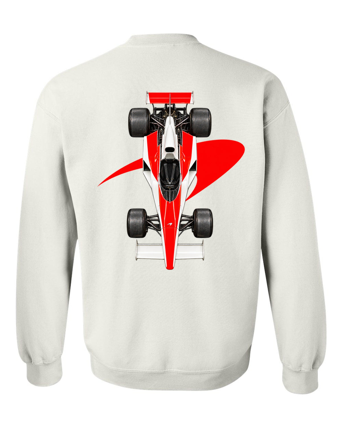 Mclaren M23 1974 Formula 1 overhead poster artwork white crewneck back view with the design