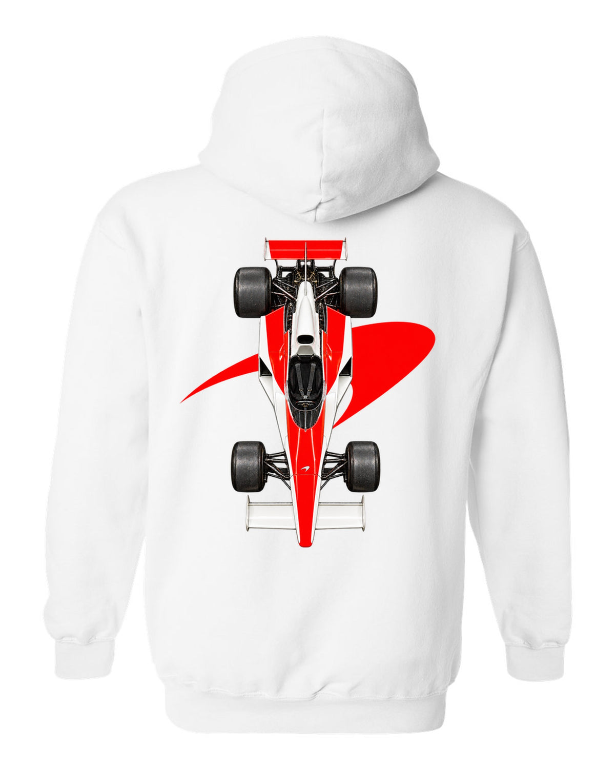 Mclaren M23 1974 Formula 1 overhead poster artwork white pull over hoodie back view with the design