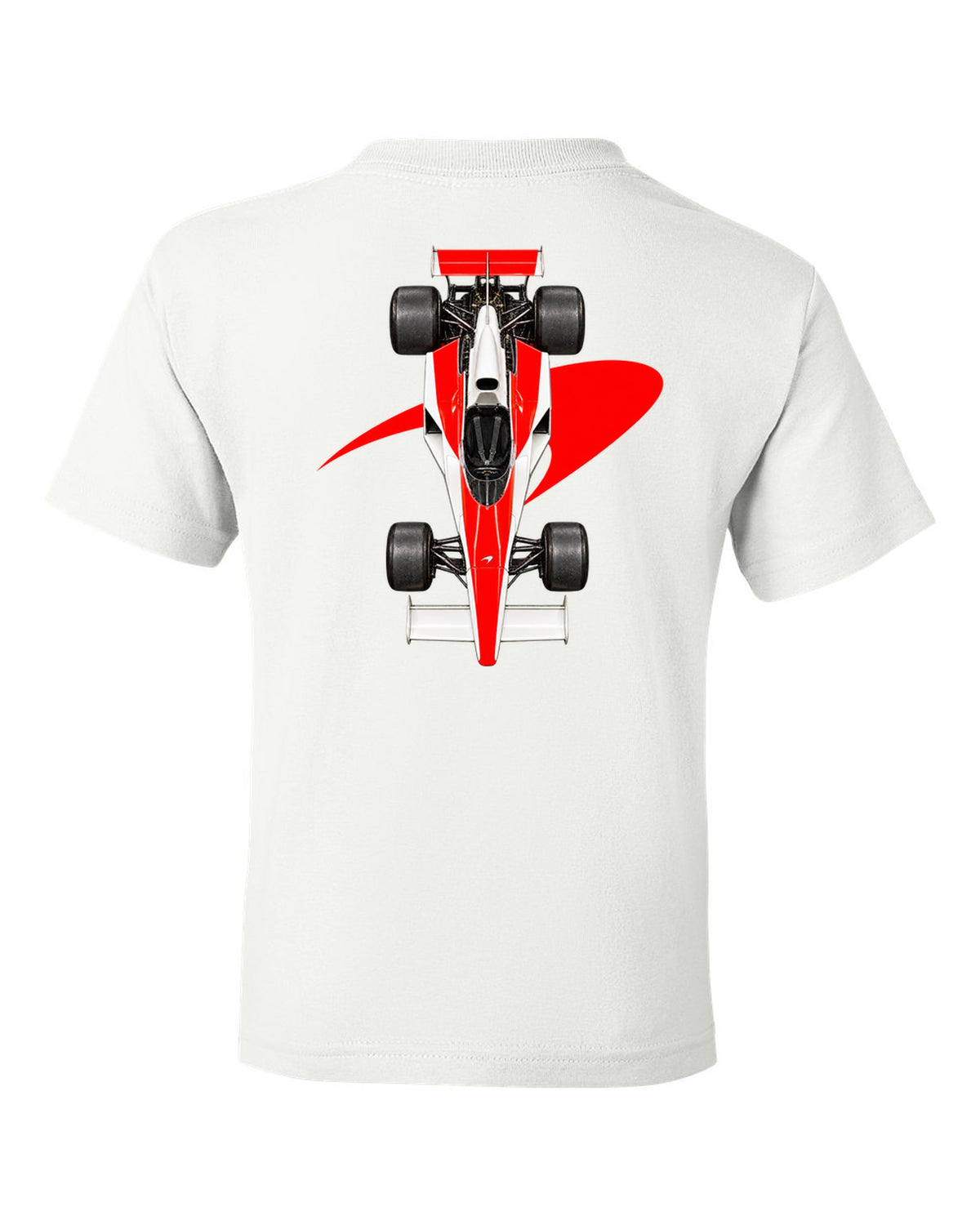 Mclaren M23 1974 Formula 1 overhead poster artwork white kids tee back view with the design