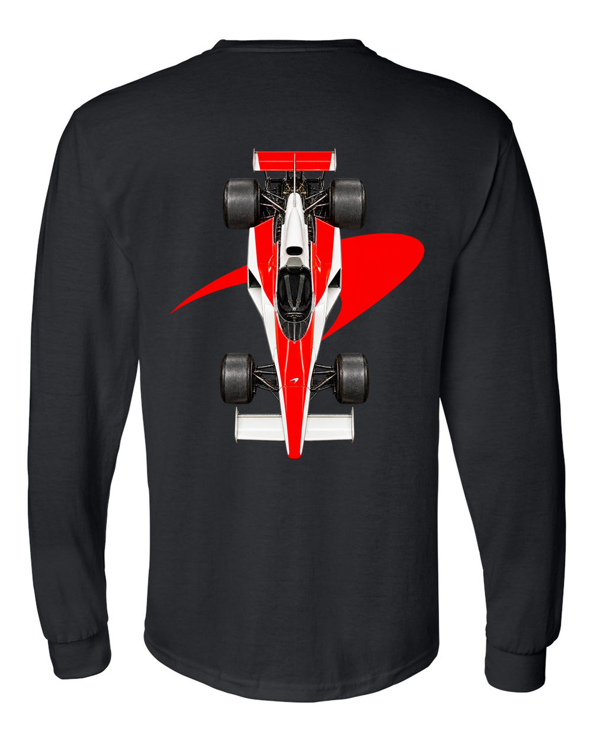 Mclaren M23 1974 Formula 1 overhead poster artwork black long sleeve back view with the design