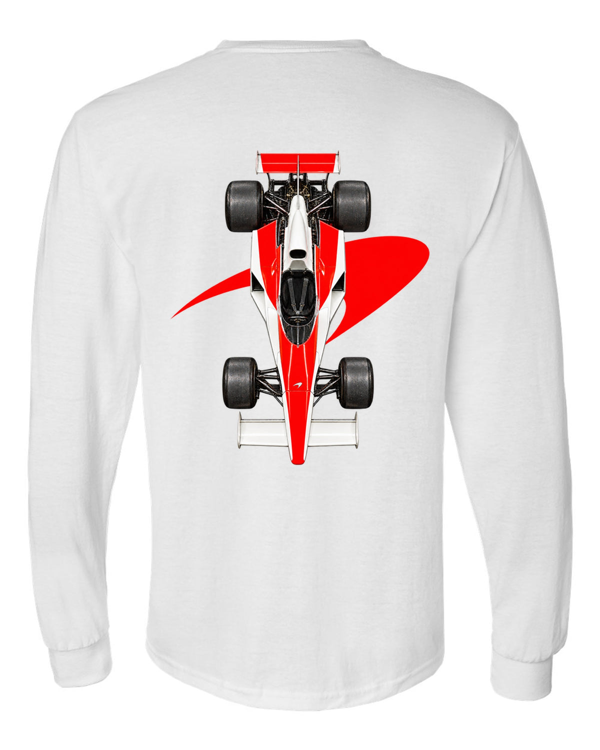 Mclaren M23 1974 Formula 1 overhead poster artwork white long sleeve back view with the design