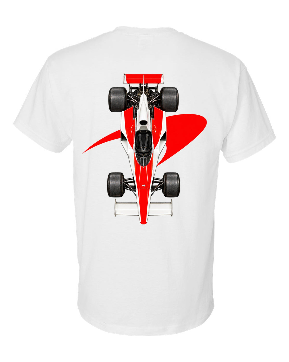 Mclaren M23 1974 Formula 1 overhead poster artwork white t-shirt back view with the design