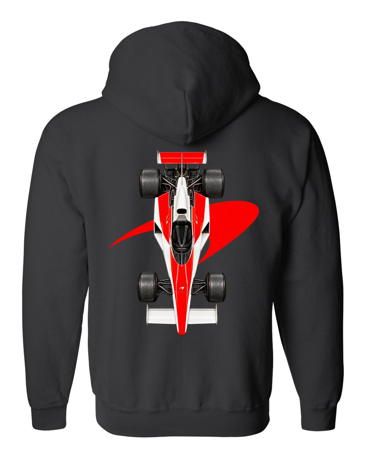 Mclaren M23 1974 Formula 1 overhead poster artwork black zip hoodie back view with the design