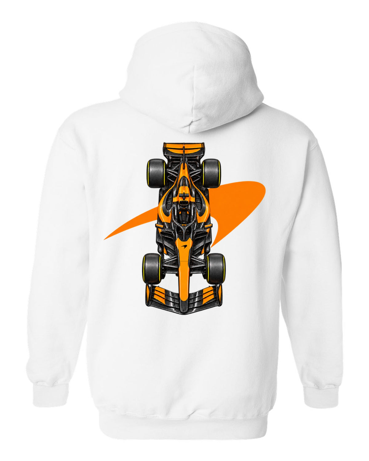 Mclaren MCL40 2026 Formula 1 overhead poster artwork white pull over hoodie back view with the design