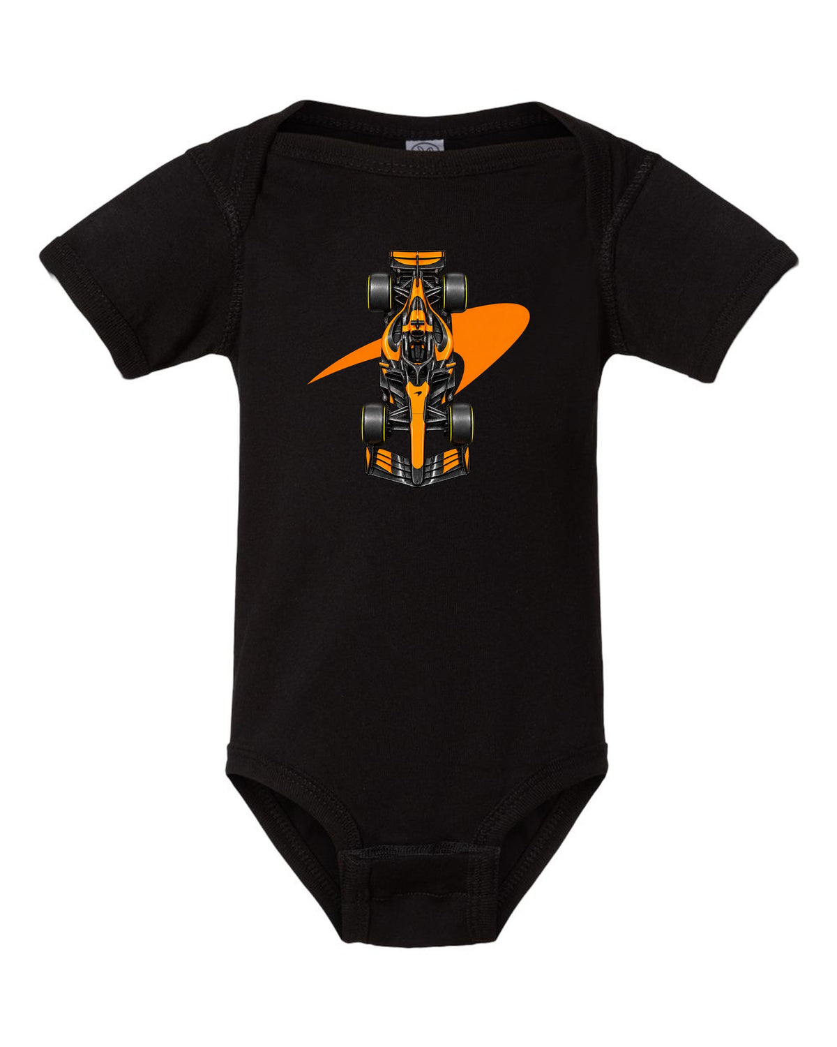 Mclaren MCL40 2026 Formula 1 overhead poster artwork black baby onesie front view with the design