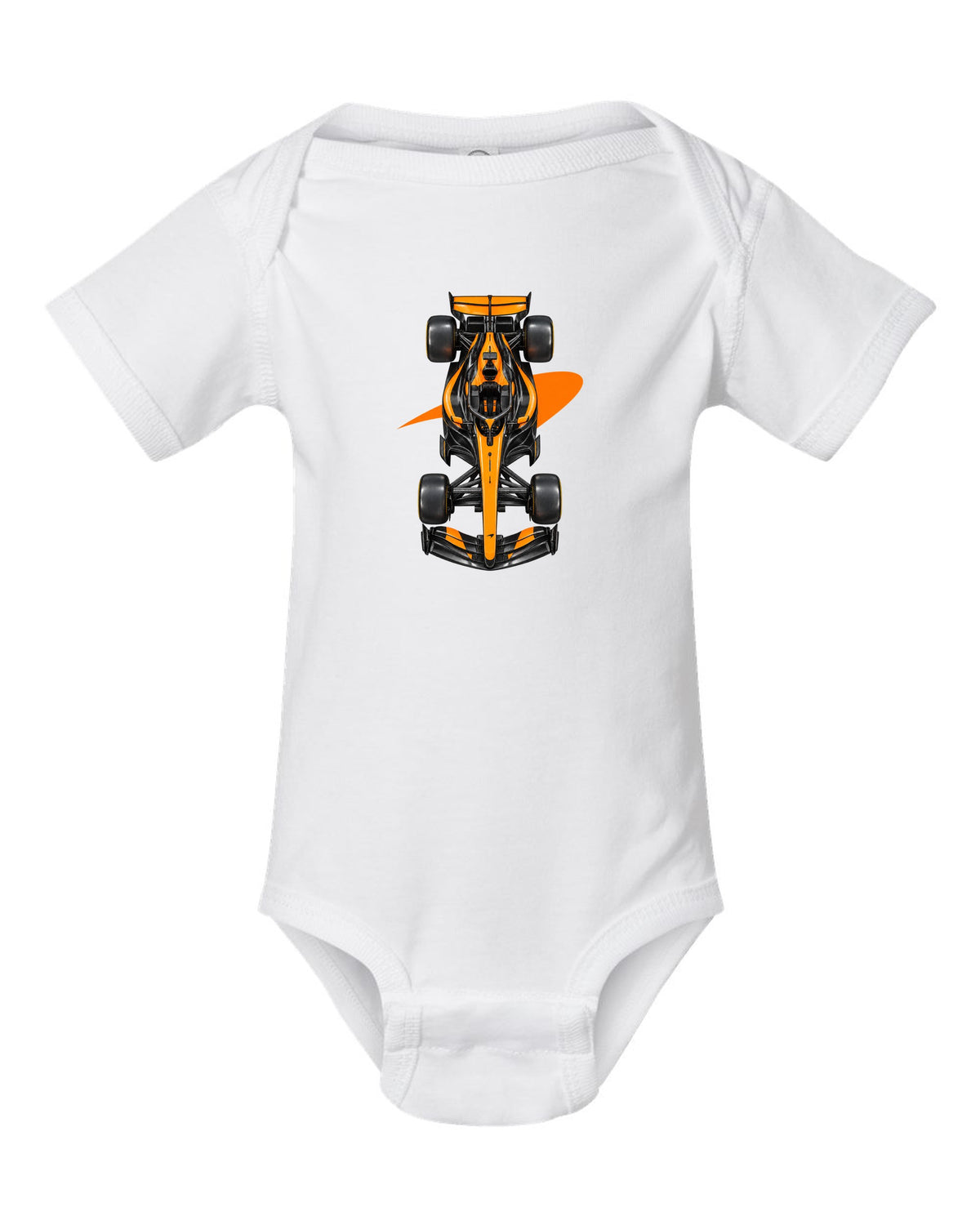 Mclaren MCL40 Formula 1 overhead poster artwork white baby onesie front view with the design