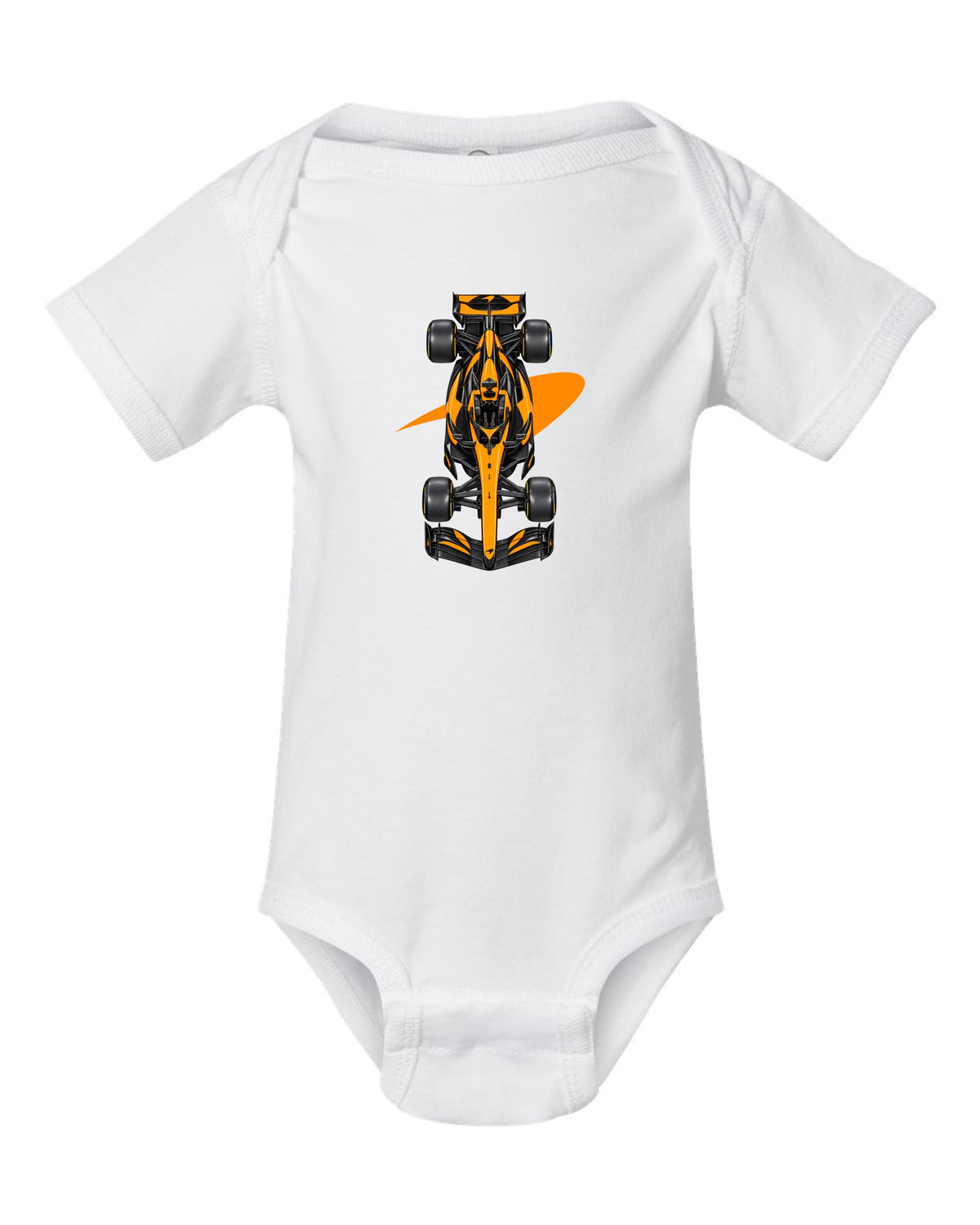 Mclaren MCL40 Formula 1 overhead poster artwork white baby onesie front view with the design