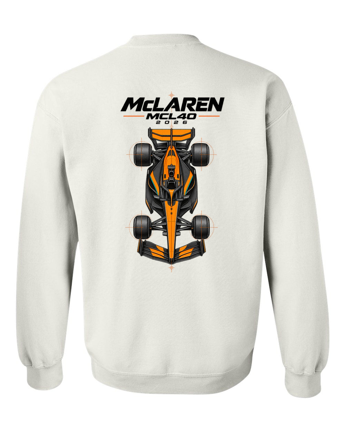 McLaren MCL40 2026 F1 car technical poster artwork white crewneck back view with the design