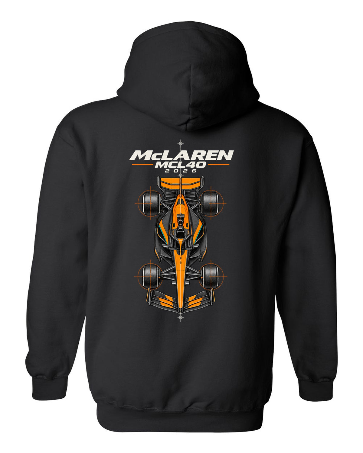 McLaren MCL40 2026 F1 car technical poster artwork black pull over hoodie back view with the design