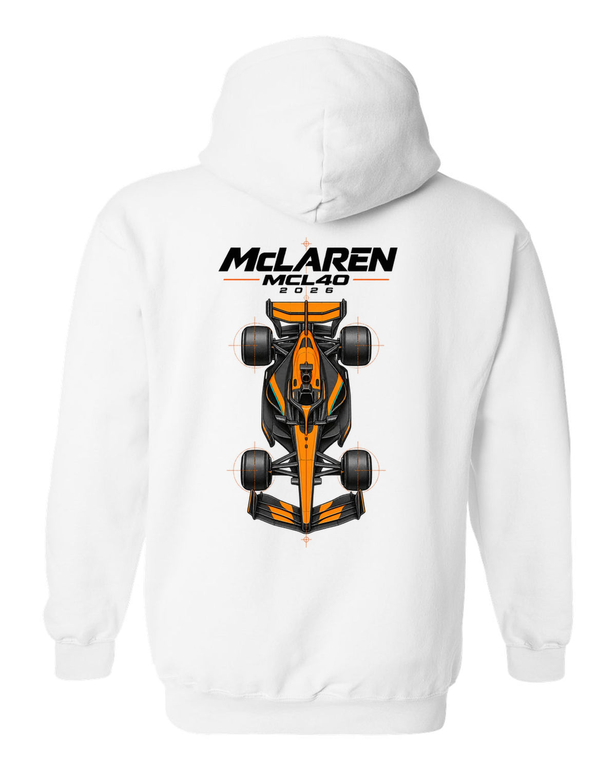 McLaren MCL40 2026 F1 car technical poster artwork white pull over hoodie back view with the design