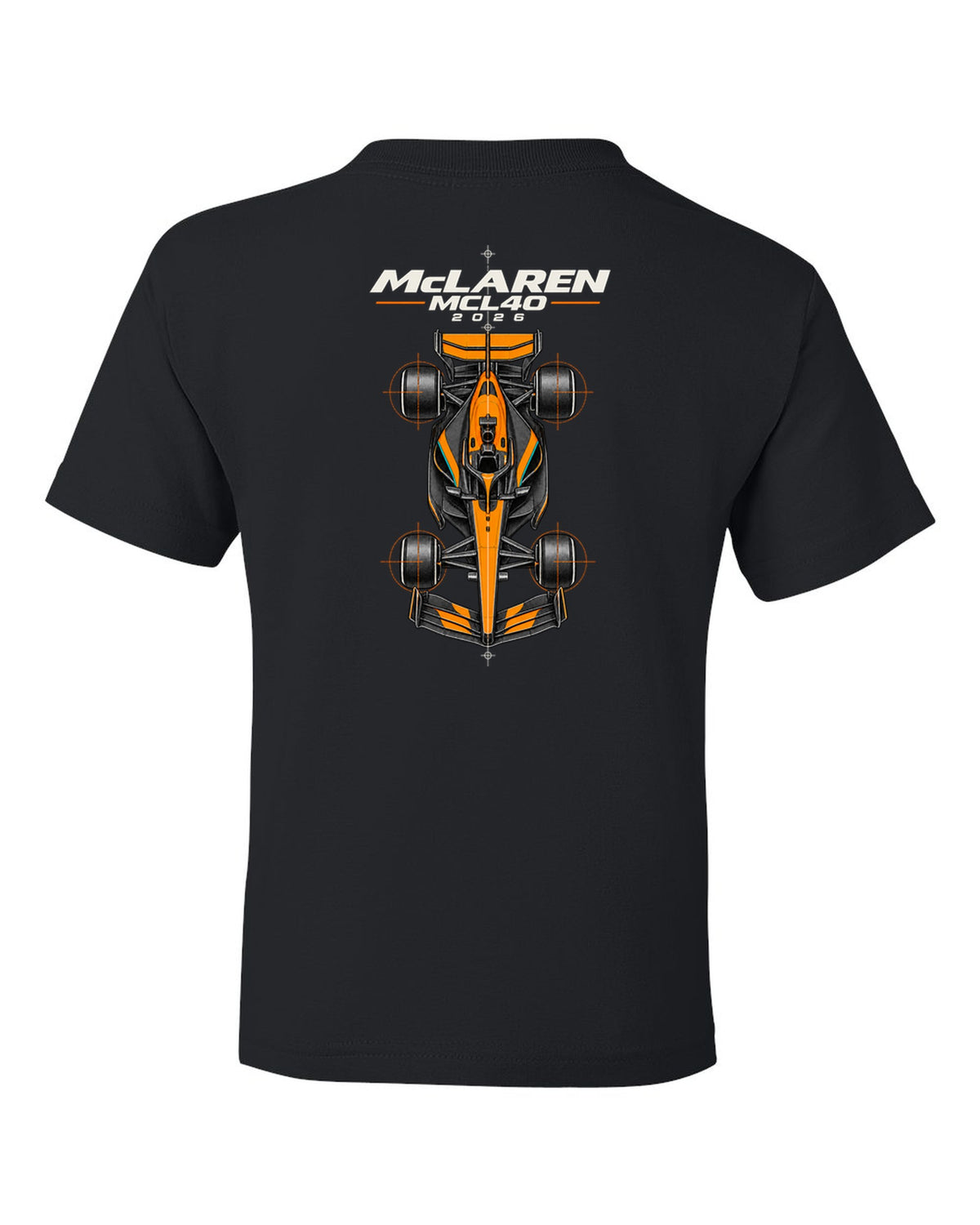 McLaren MCL40 2026 F1 car technical poster artwork black kids tee back view with the design