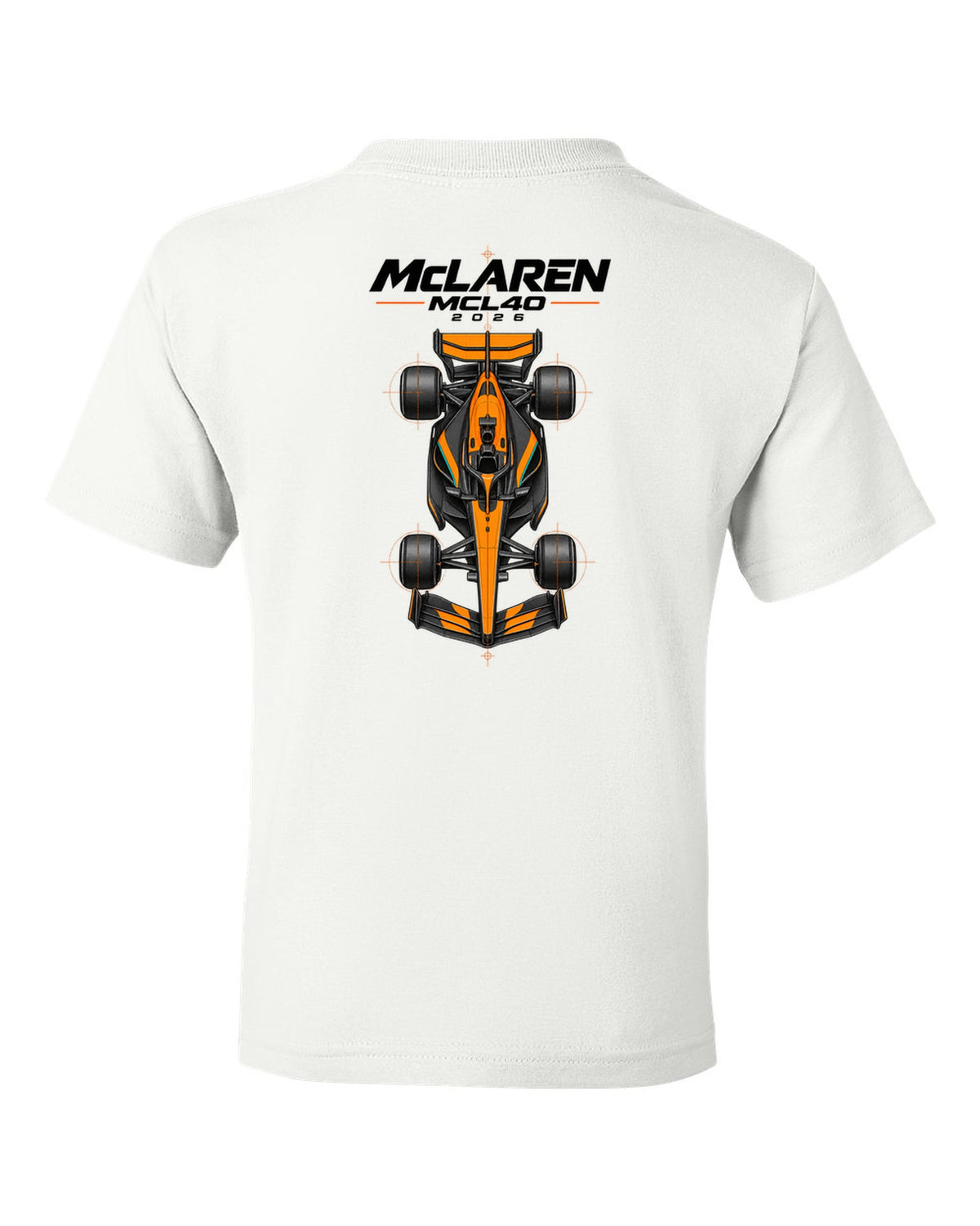 McLaren MCL40 2026 F1 car technical poster artwork white kids tee back view with the design