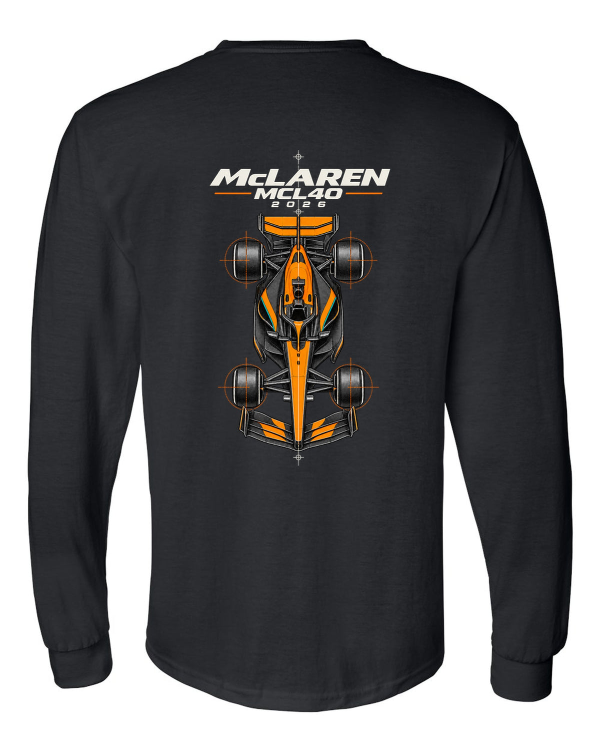 McLaren MCL40 2026 F1 car technical poster artwork black long sleeve back view with the design