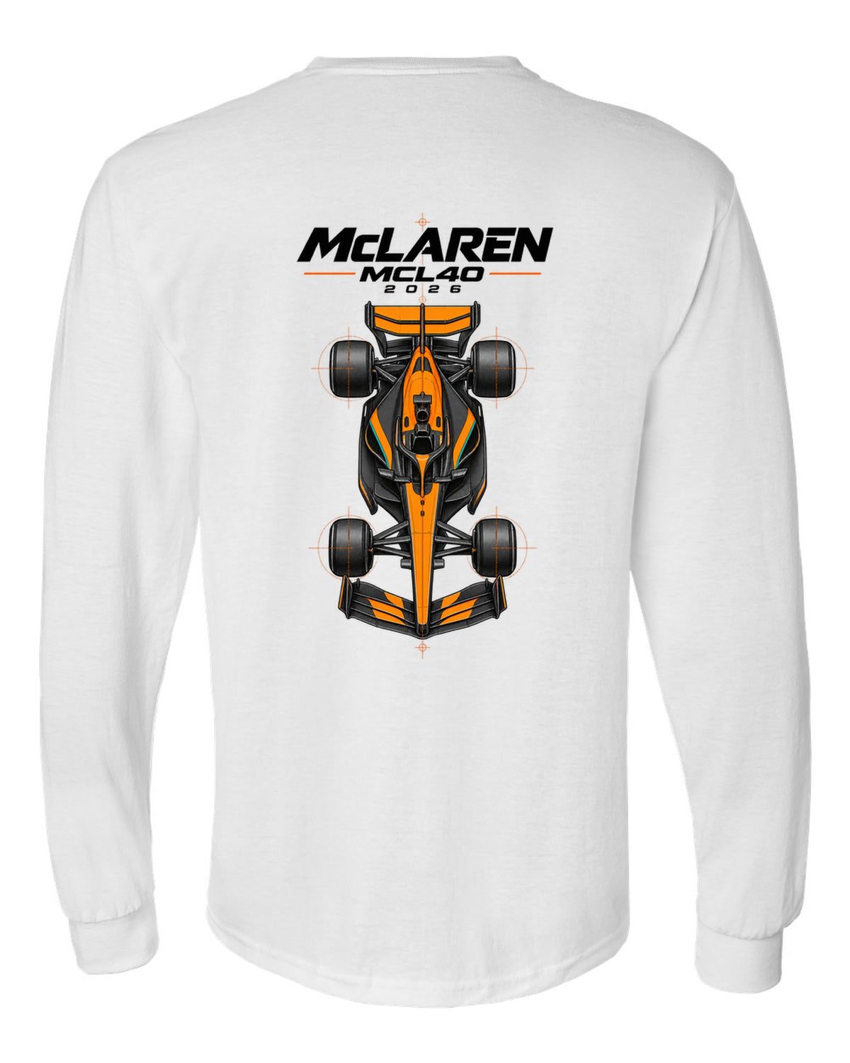 McLaren MCL40 2026 F1 car technical poster artwork white long sleeve back view with the design