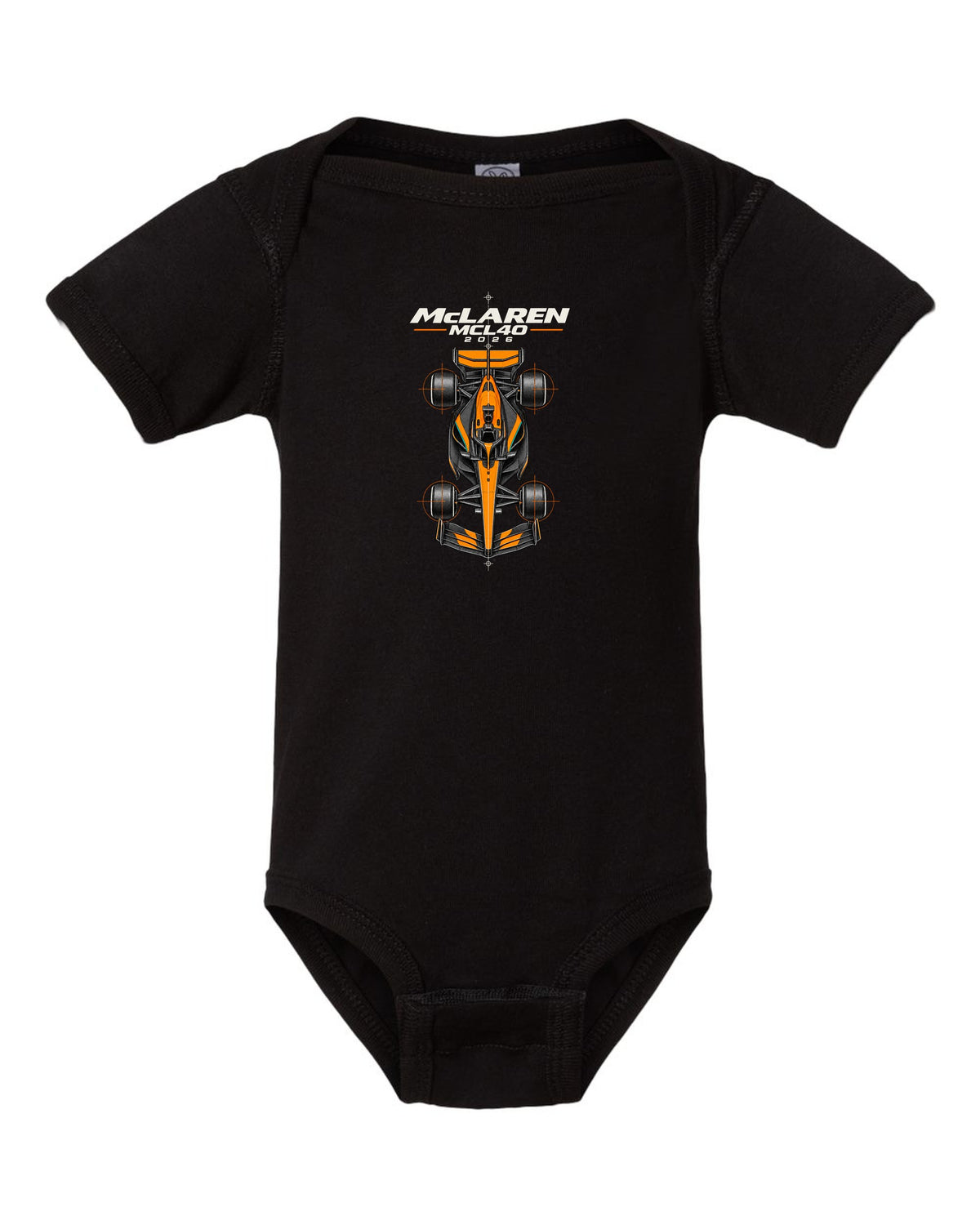 McLaren MCL40 2026 F1 car technical poster artwork black baby onesie front view with the design