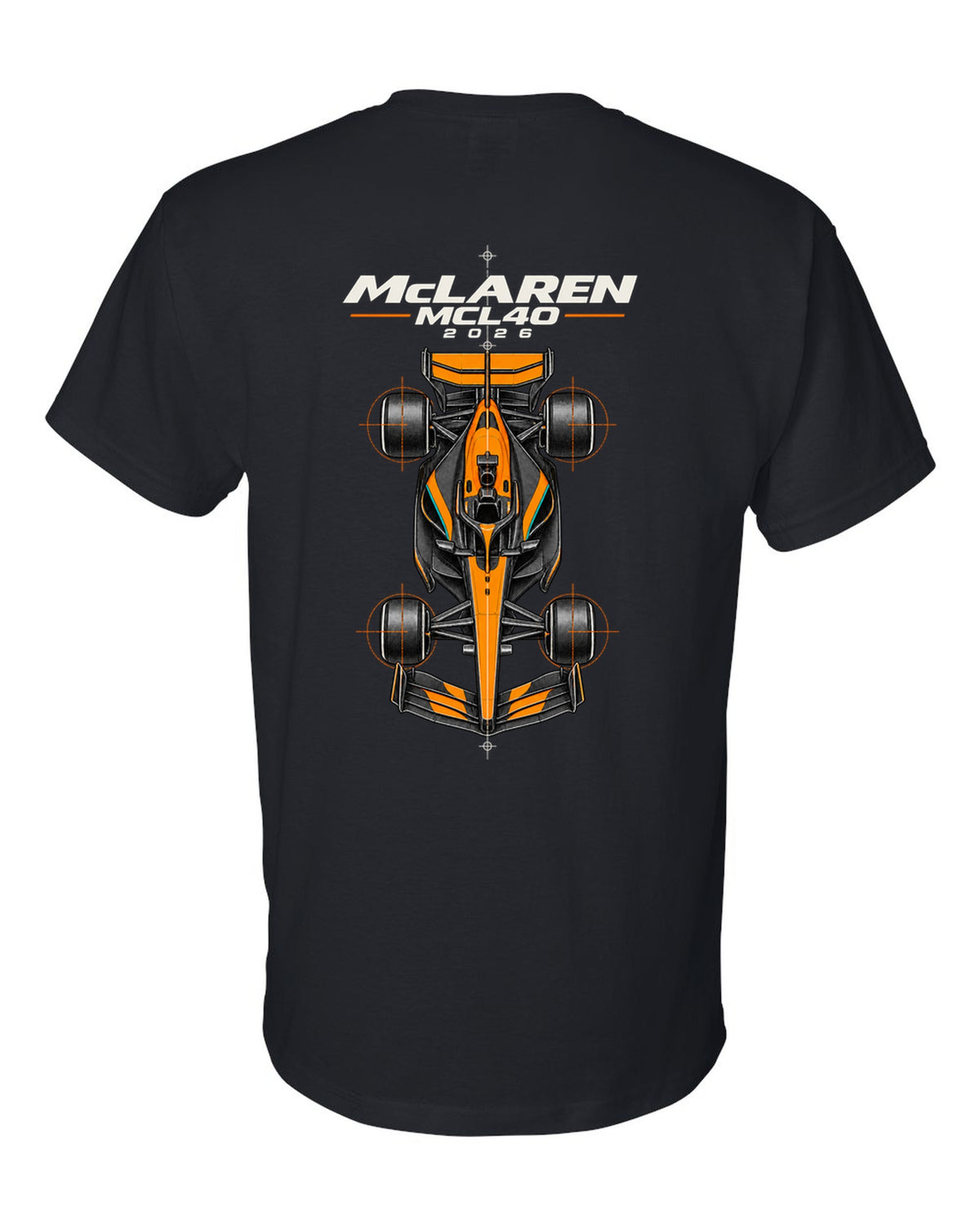 McLaren MCL40 2026 F1 car technical poster artwork black t-shirt back view with the design