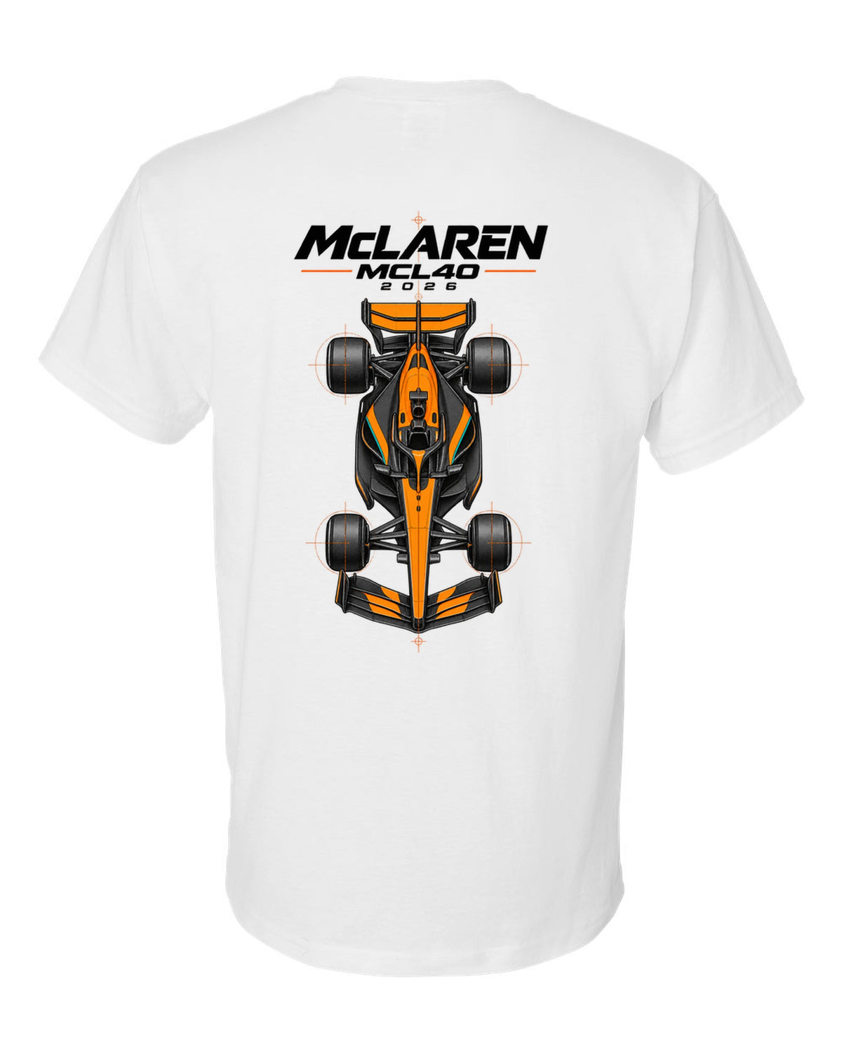 McLaren MCL40 2026 F1 car technical poster artwork white t-shirt back view with the design
