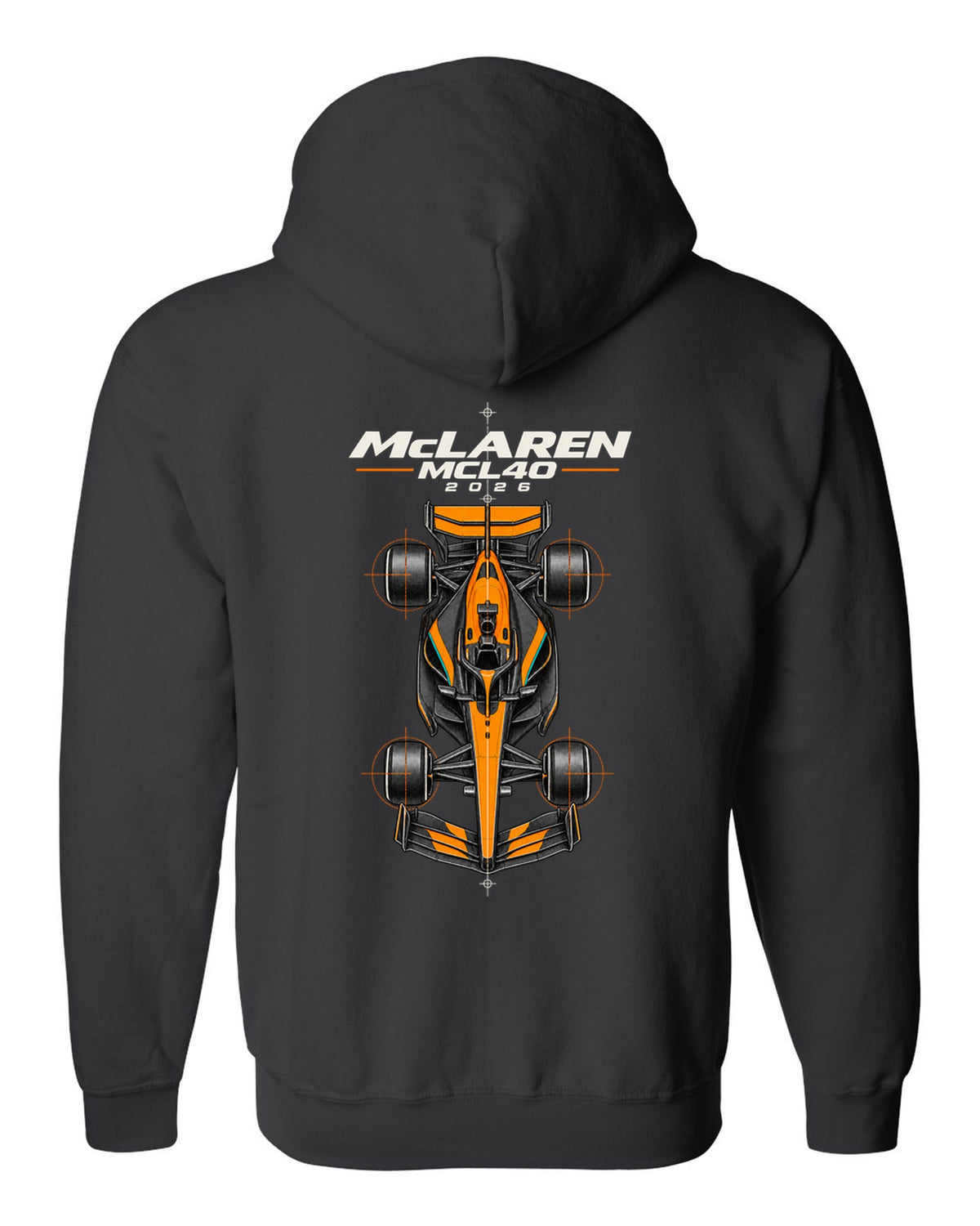 McLaren MCL40 2026 F1 car technical poster artwork black zip hoodie back view with the design
