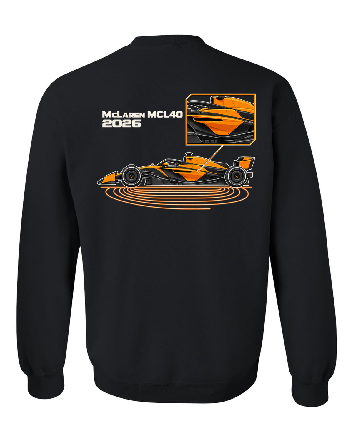 McLaren MCL40 2026 F1 car technical poster artwork black crewneck back view with the design