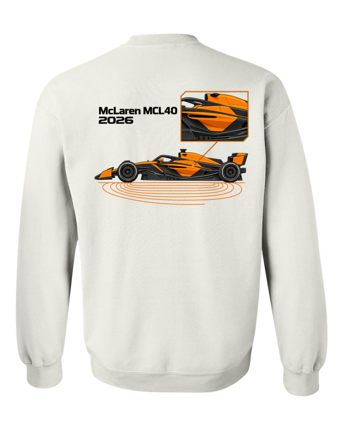 McLaren MCL40 2026 F1 car technical poster artwork white crewneck back view with the design