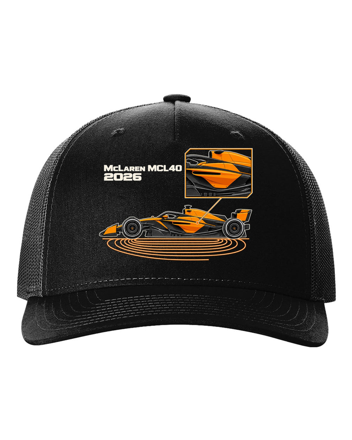 McLaren MCL40 2026 F1 car technical poster artwork black hat front view with the design