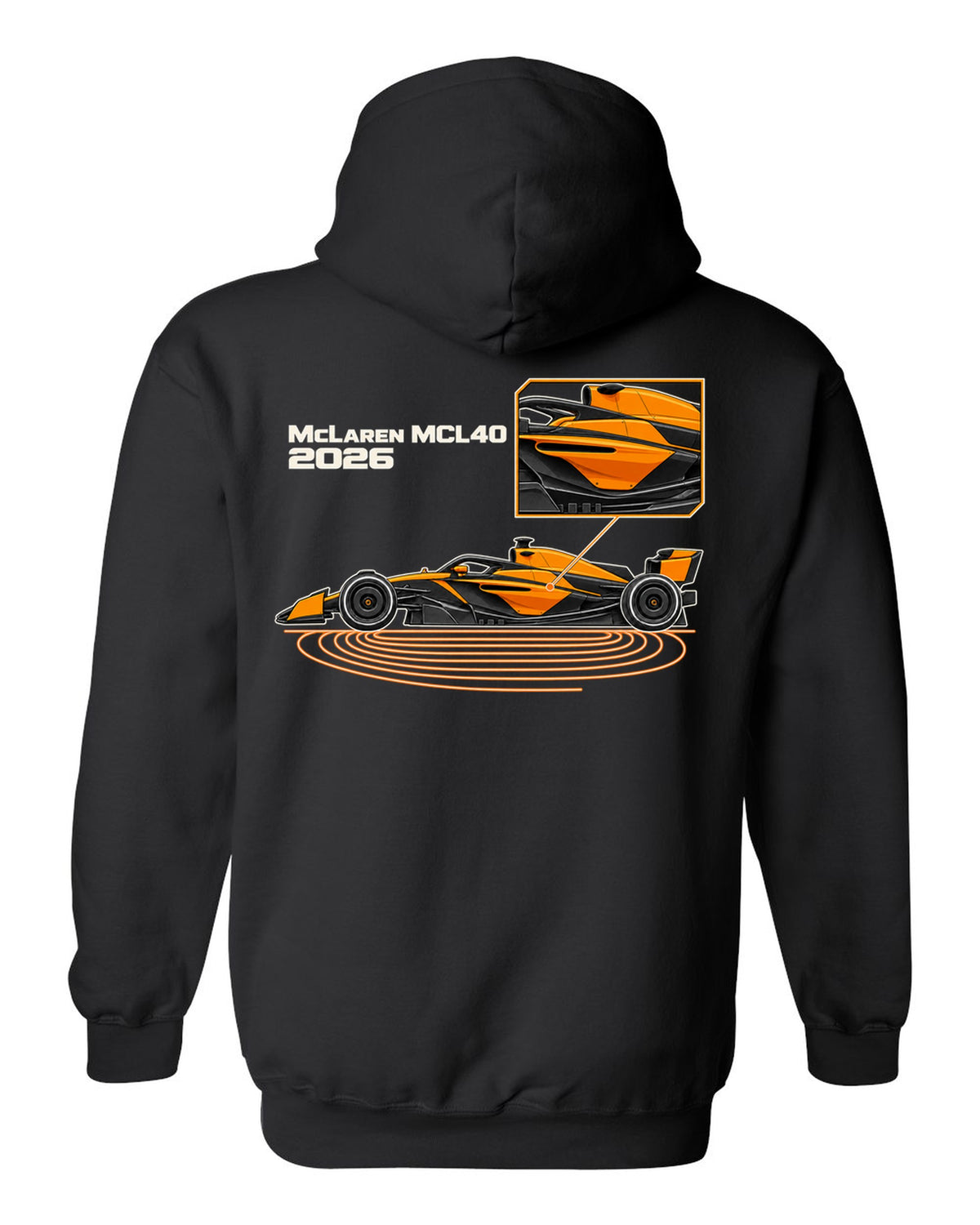 McLaren MCL40 2026 F1 car technical poster artwork black pull over hoodie back view with the design