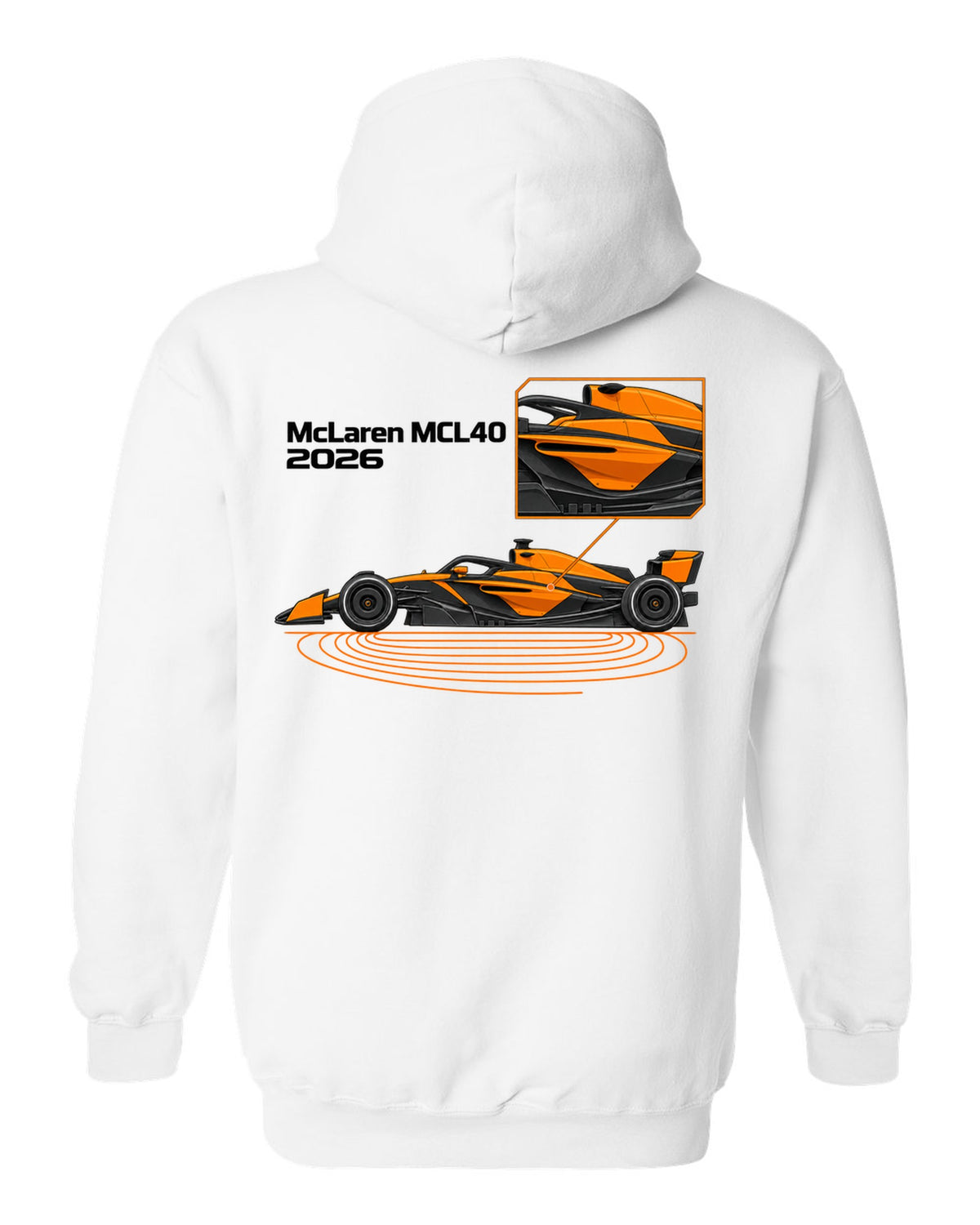 McLaren MCL40 2026 F1 car technical poster artwork white pull over hoodie back view with the design