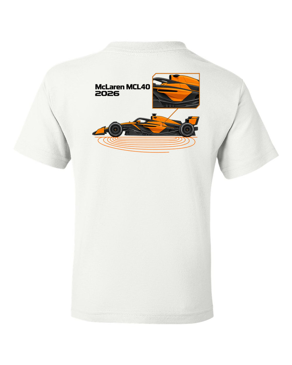 McLaren MCL40 2026 F1 car technical poster artwork white kids tee back view with the design