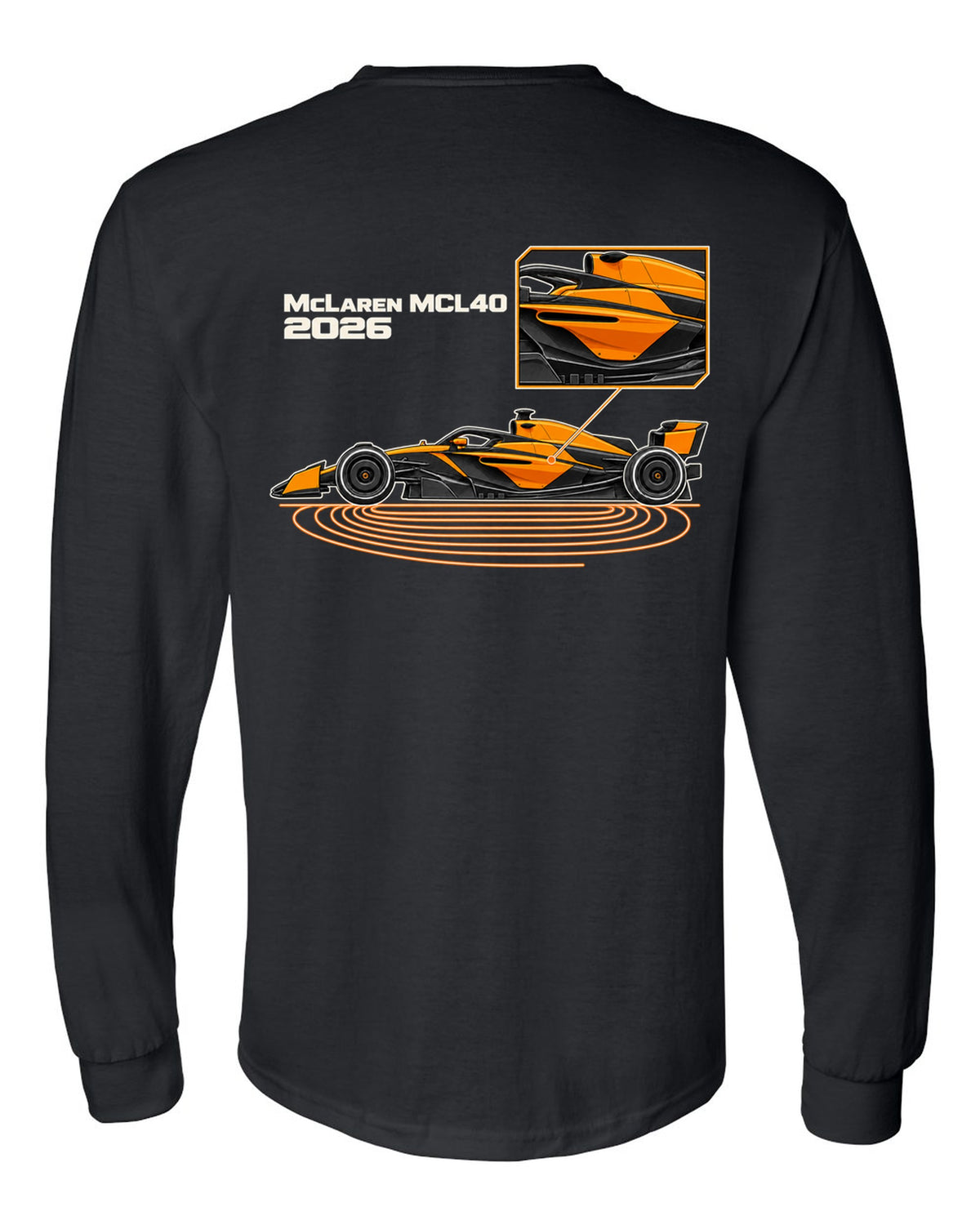 McLaren MCL40 2026 F1 car technical poster artwork black long sleeve back view with the design