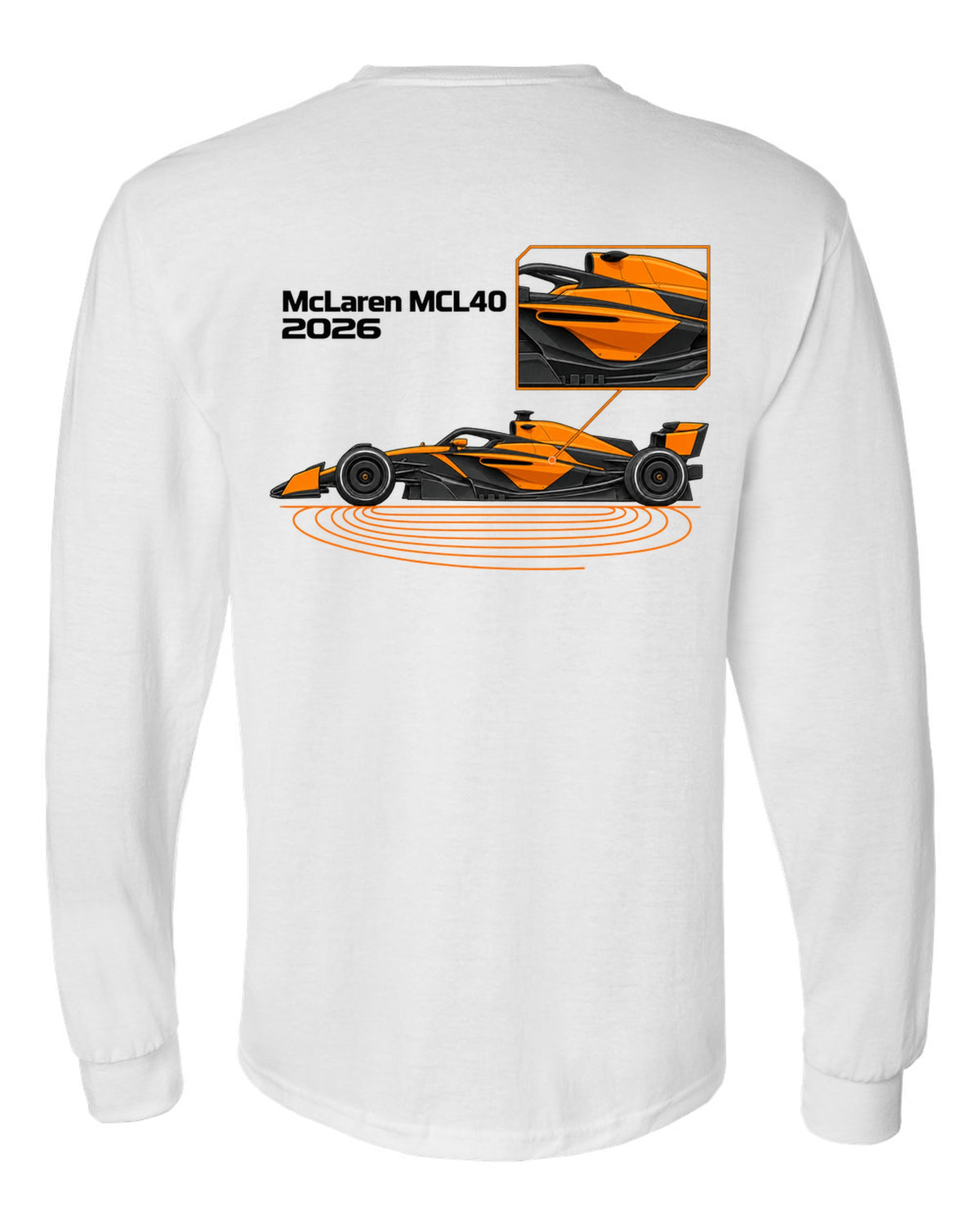 McLaren MCL40 2026 F1 car technical poster artwork white long sleeve back view with the design