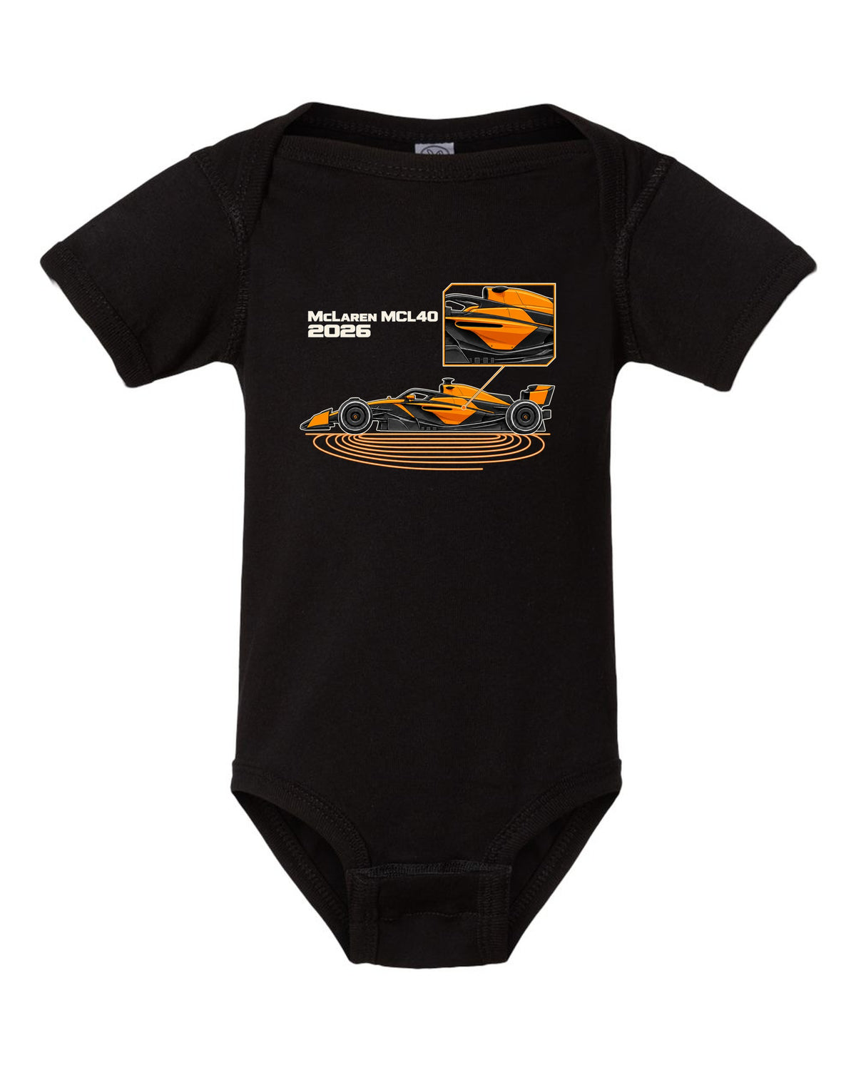 McLaren MCL40 2026 F1 car technical poster artwork black baby onesie front view with the design