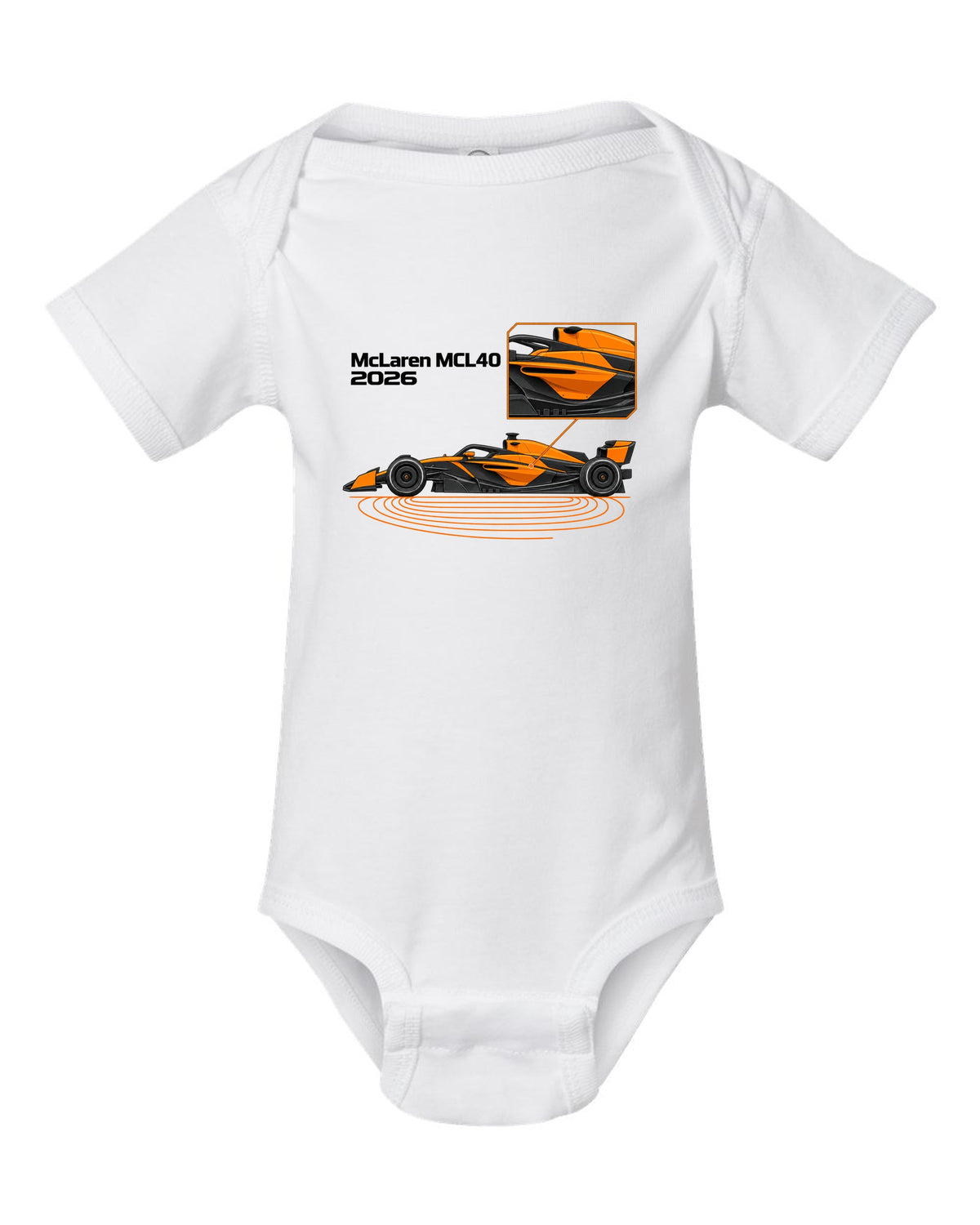 McLaren MCL40 2026 F1 car technical poster artwork white baby onesie front view with the design