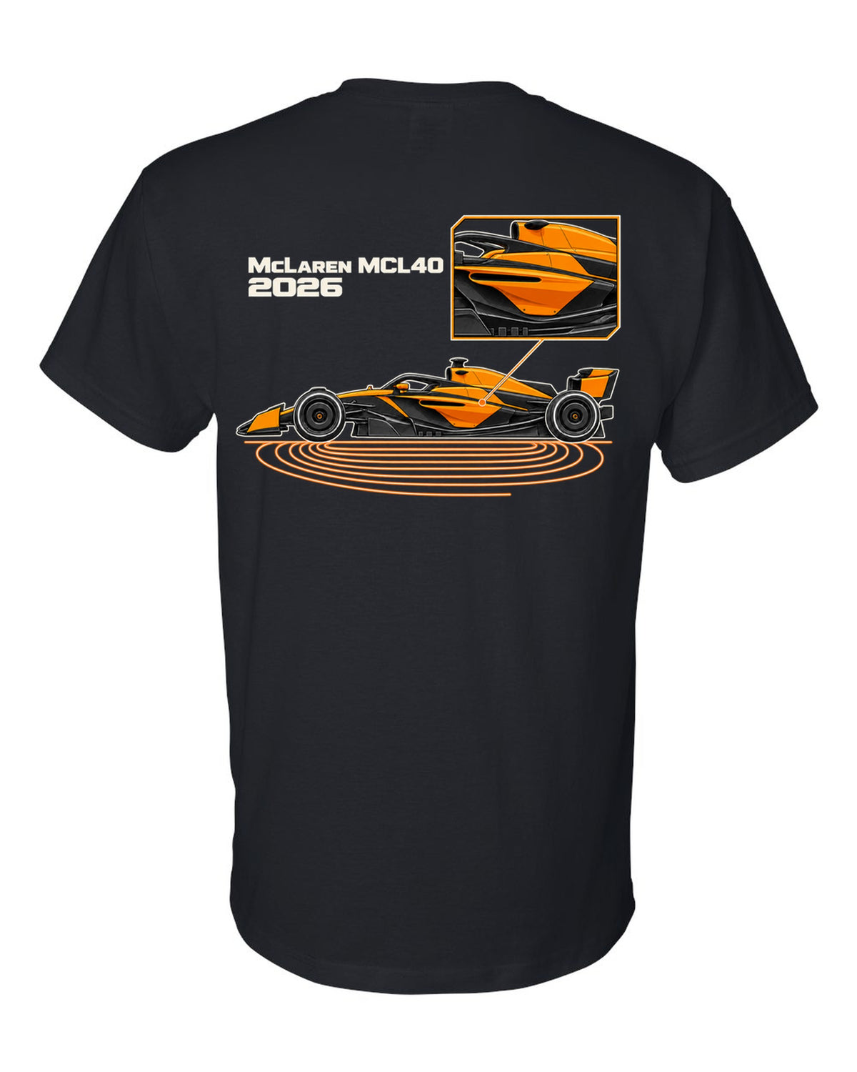 McLaren MCL40 2026 F1 car technical poster artwork black t-shirt back view with the design