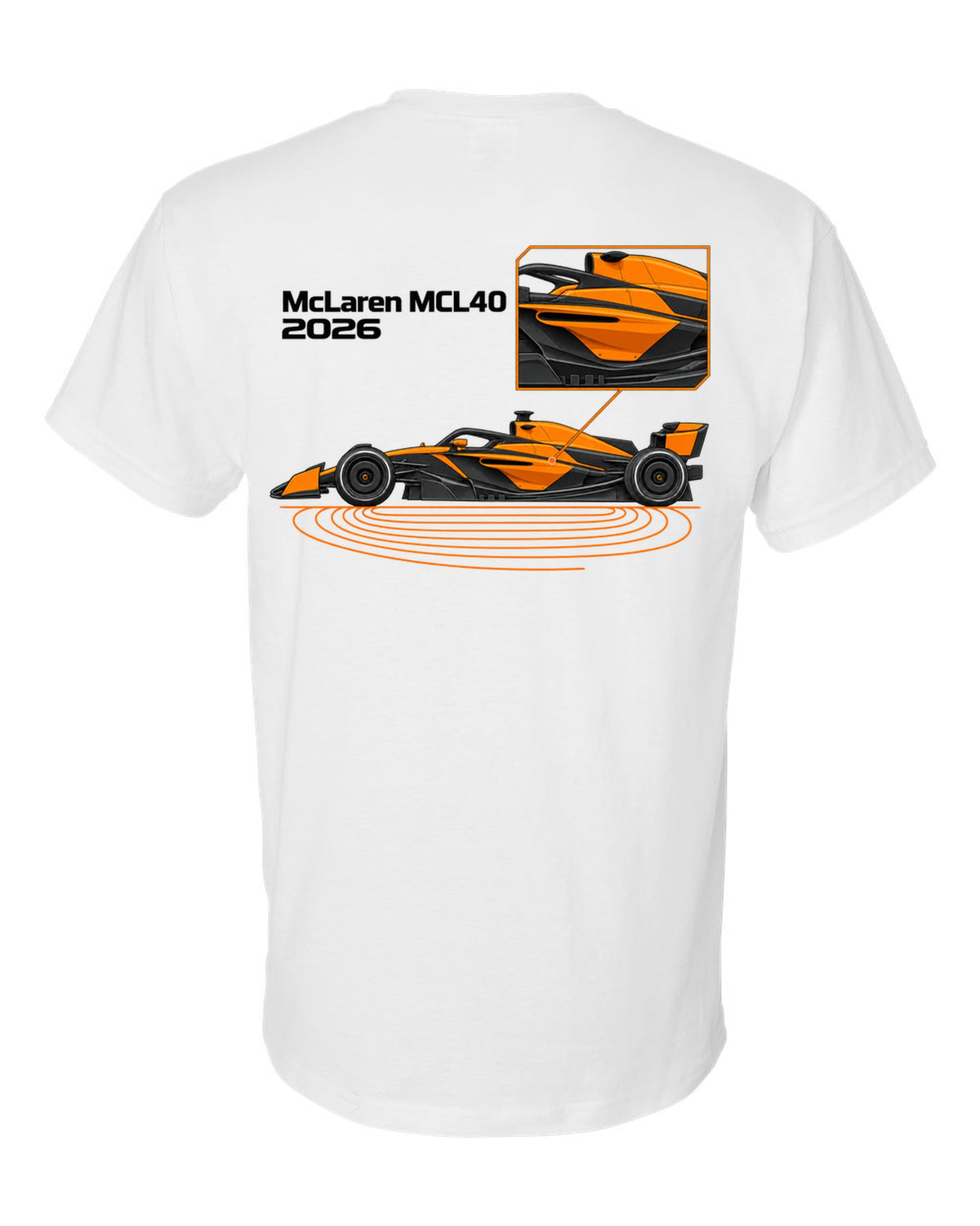McLaren MCL40 2026 F1 car technical poster artwork white t-shirt back view with the design