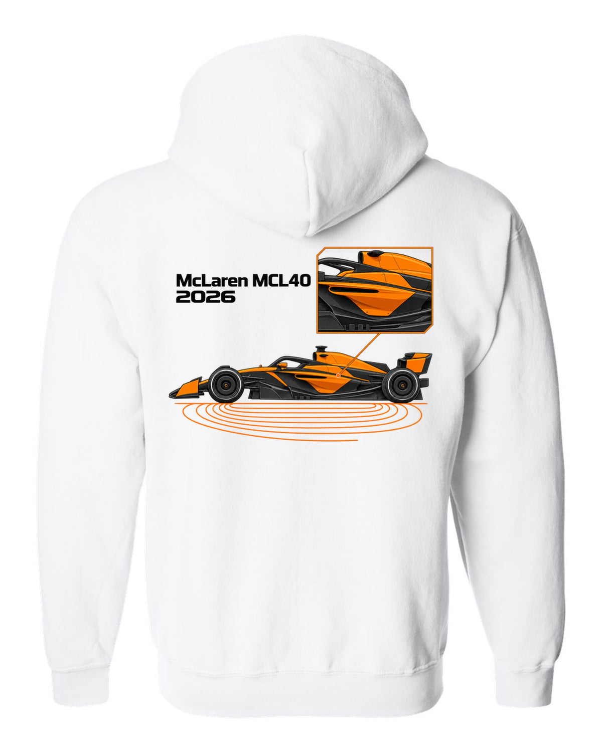 McLaren MCL40 2026 F1 car technical poster artwork white zip hoodie back view with the design