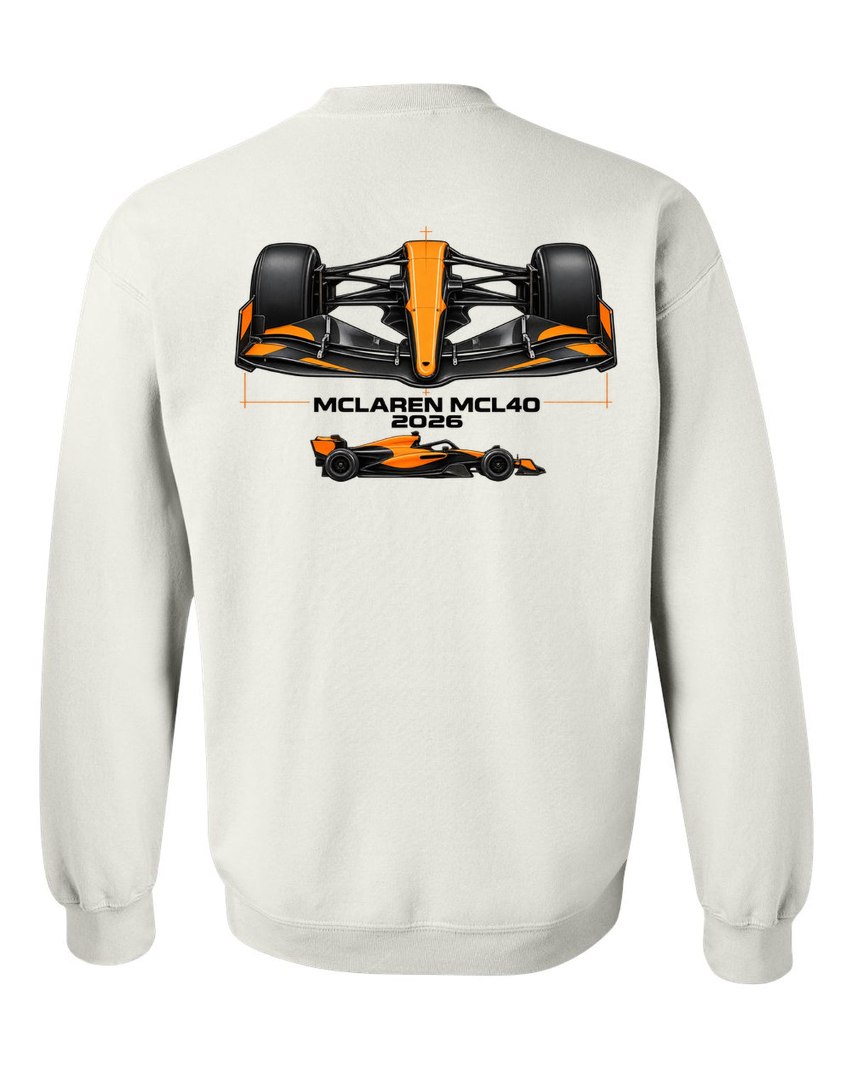 McLaren MCL40 2026 F1 car technical poster artwork white crewneck back view with the design