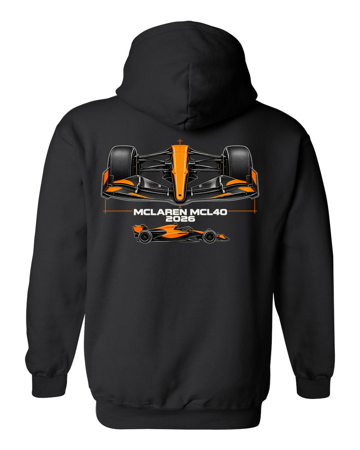 McLaren MCL40 2026 F1 car technical poster artwork black pull over hoodie back view with the design