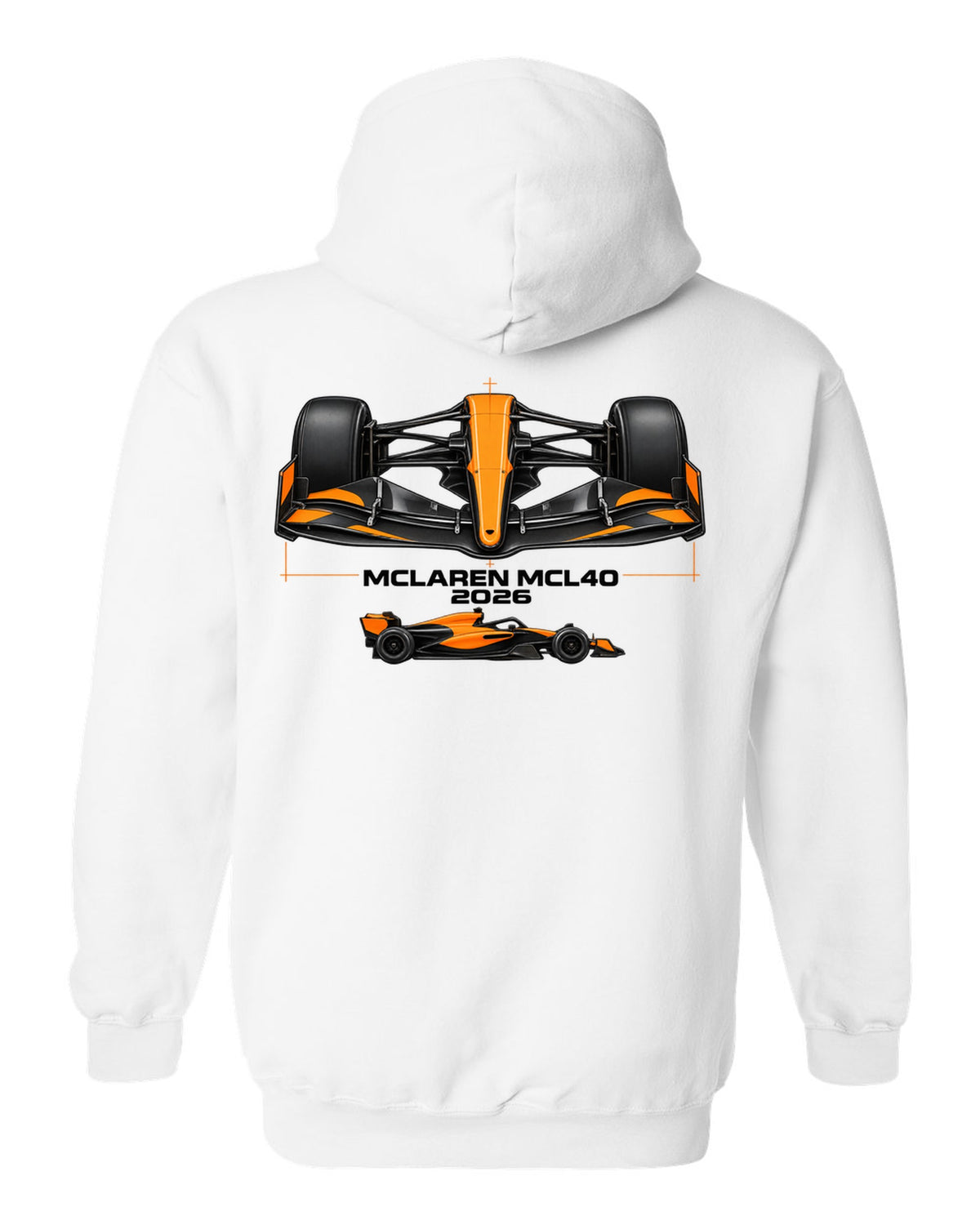 McLaren MCL40 2026 F1 car technical poster artwork white pull over hoodie back view with the design