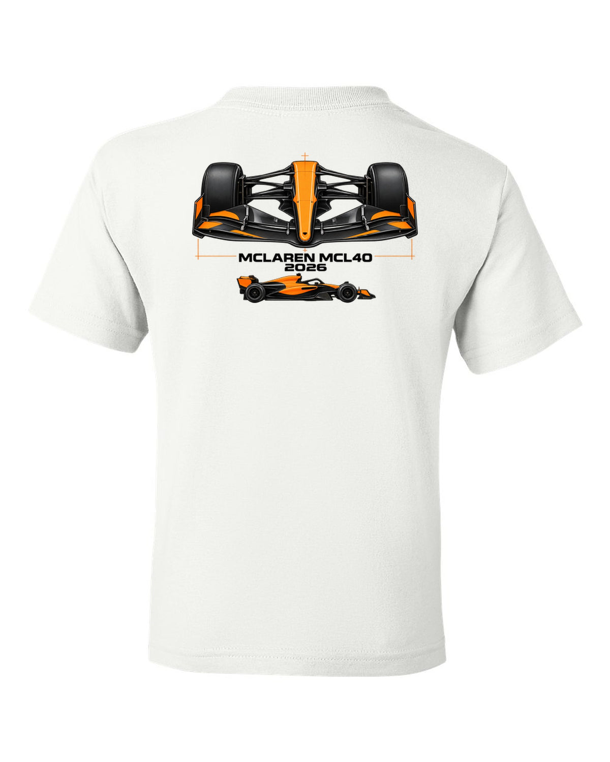 McLaren MCL40 2026 F1 car technical poster artwork white kids tee back view with the design