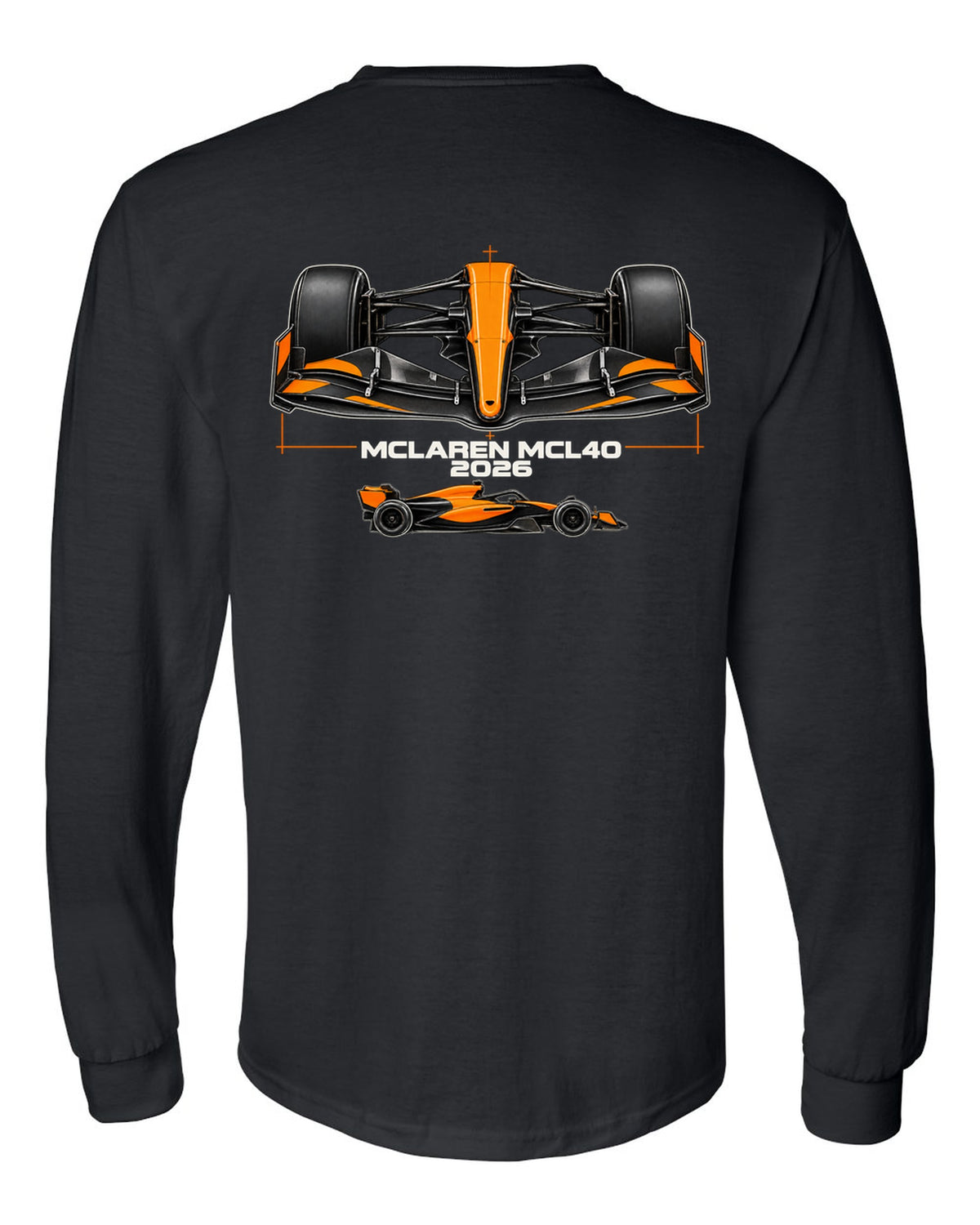 McLaren MCL40 2026 F1 car technical poster artwork black long sleeve back view with the design