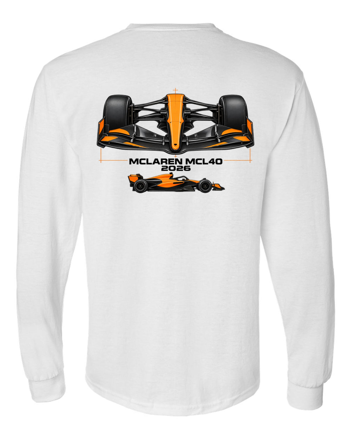 McLaren MCL40 2026 F1 car technical poster artwork white long sleeve back view with the design