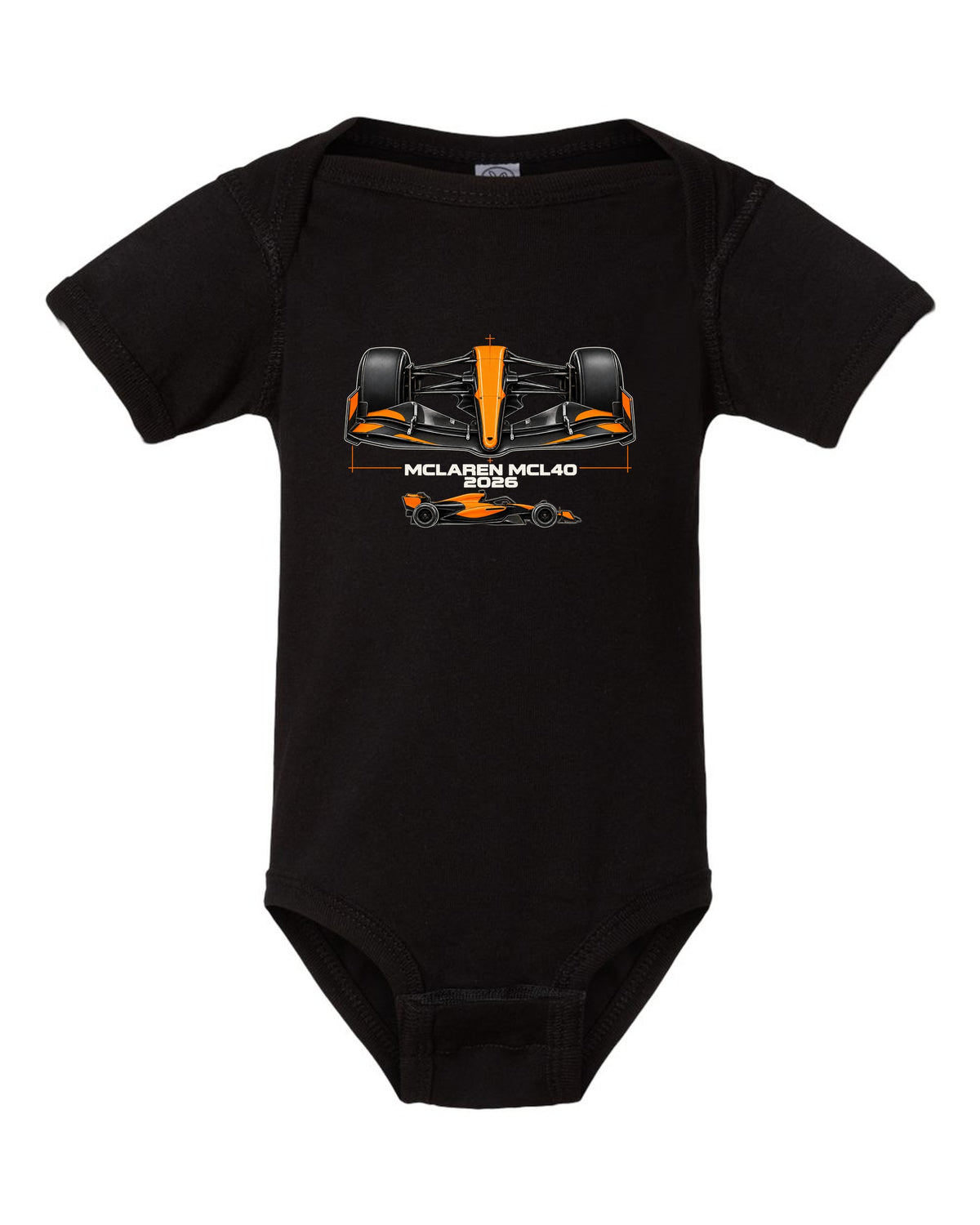 McLaren MCL40 2026 F1 car technical poster artwork black baby onesie front view with the design