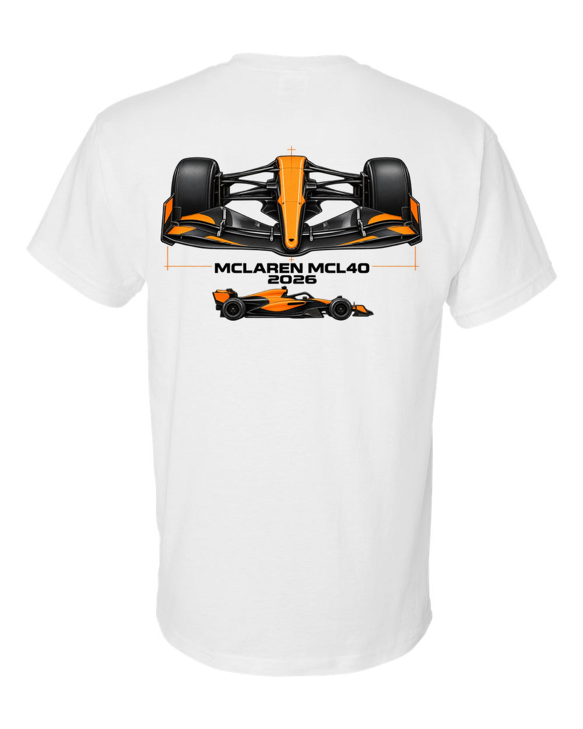 McLaren MCL40 2026 F1 car technical poster artwork white t-shirt back view with the design