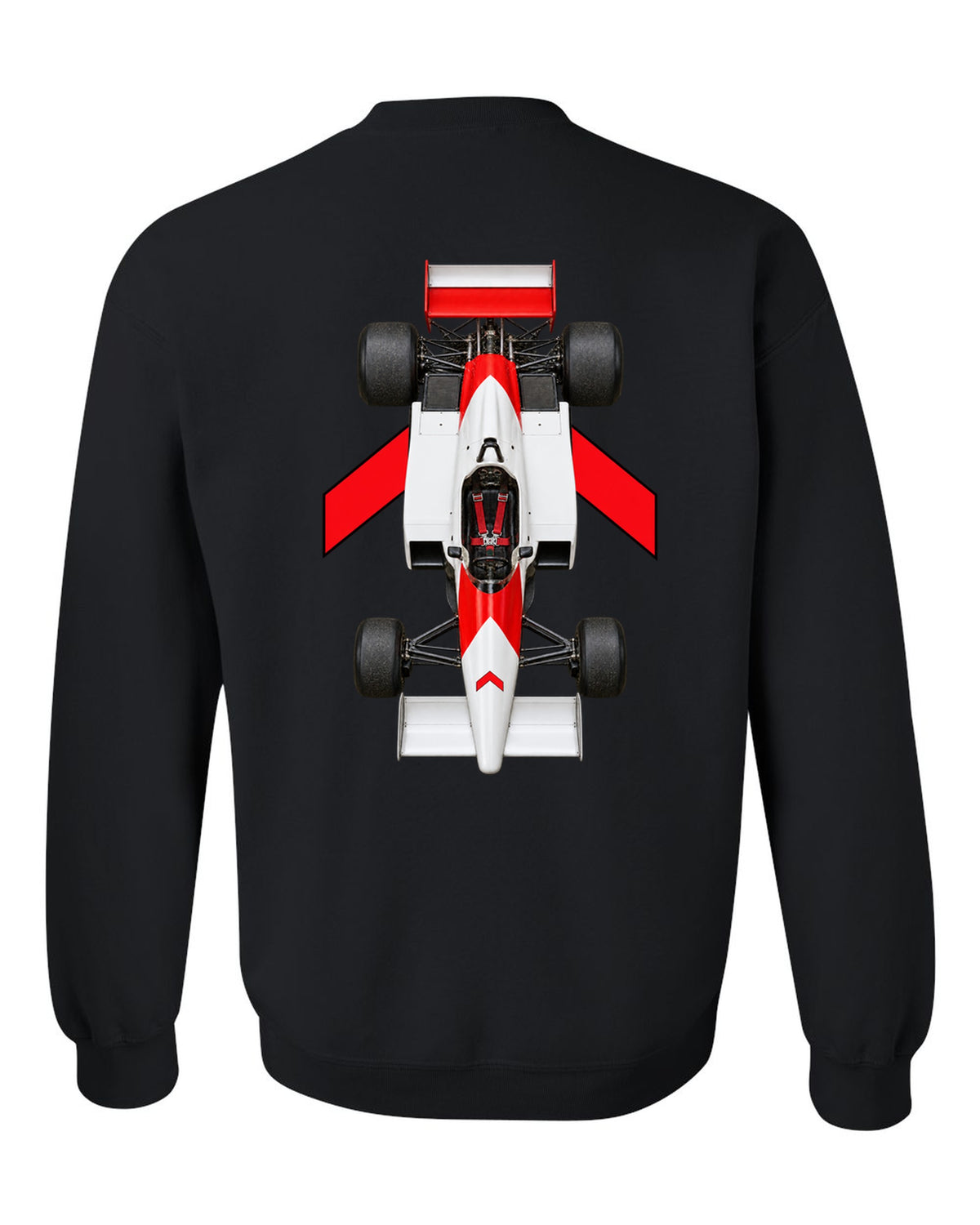 Mclaren MP4 1 1981 Formula 1 overhead poster artwork black crewneck back view with the design