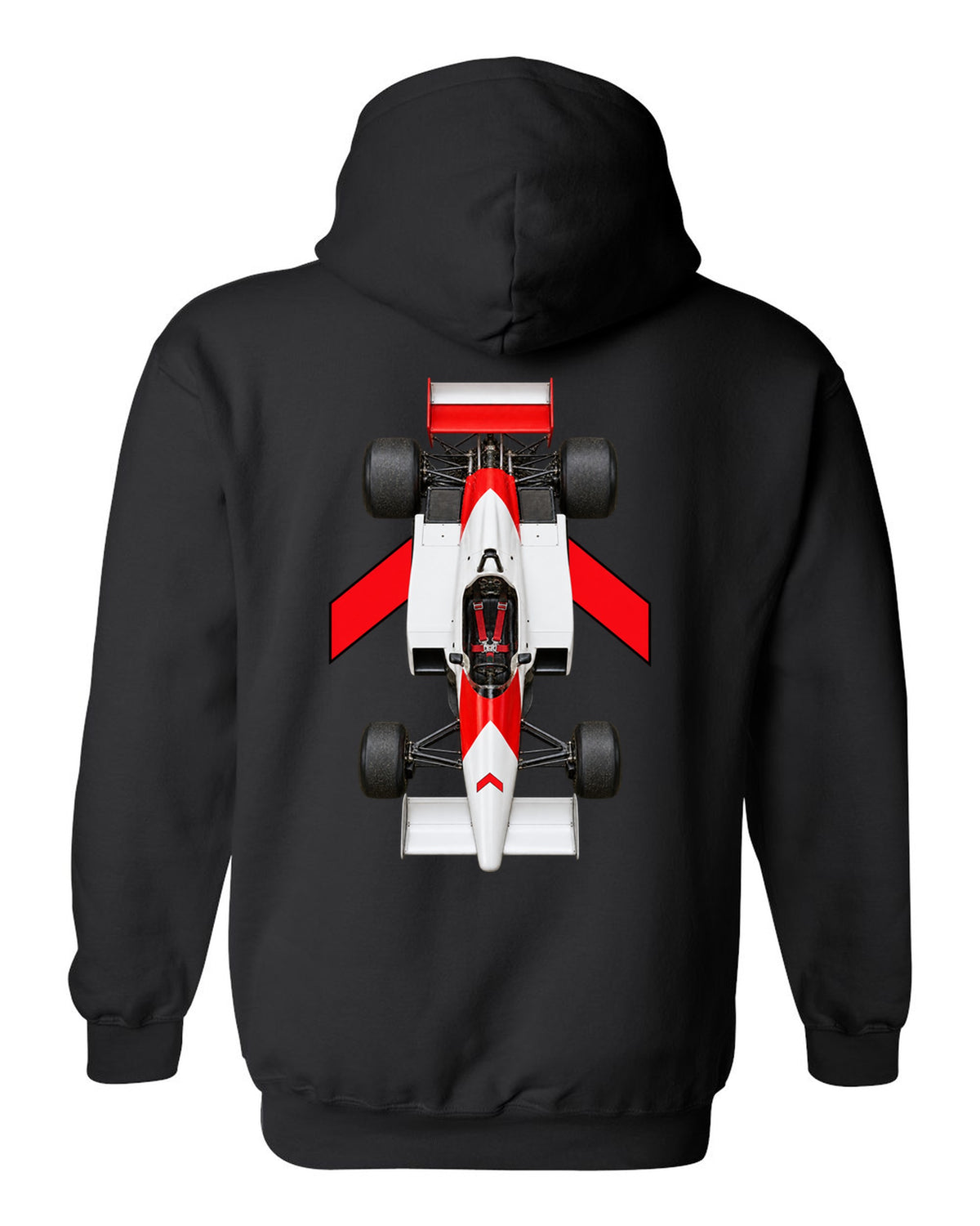 Mclaren MP4 1 1981 Formula 1 overhead poster artwork black pull over hoodie back view with the design