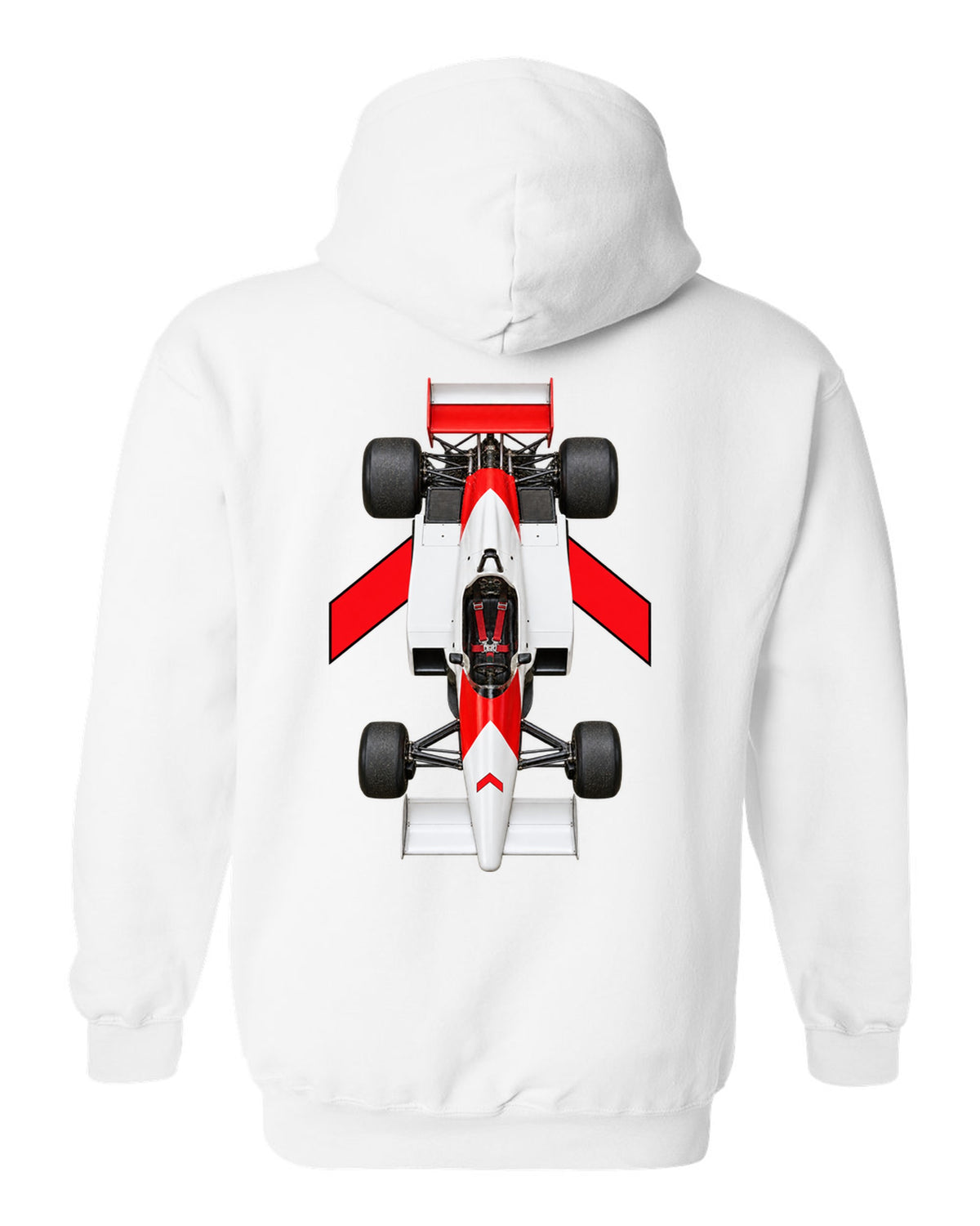 Mclaren MP4 1 1981 Formula 1 overhead poster artwork white pull over hoodie back view with the design
