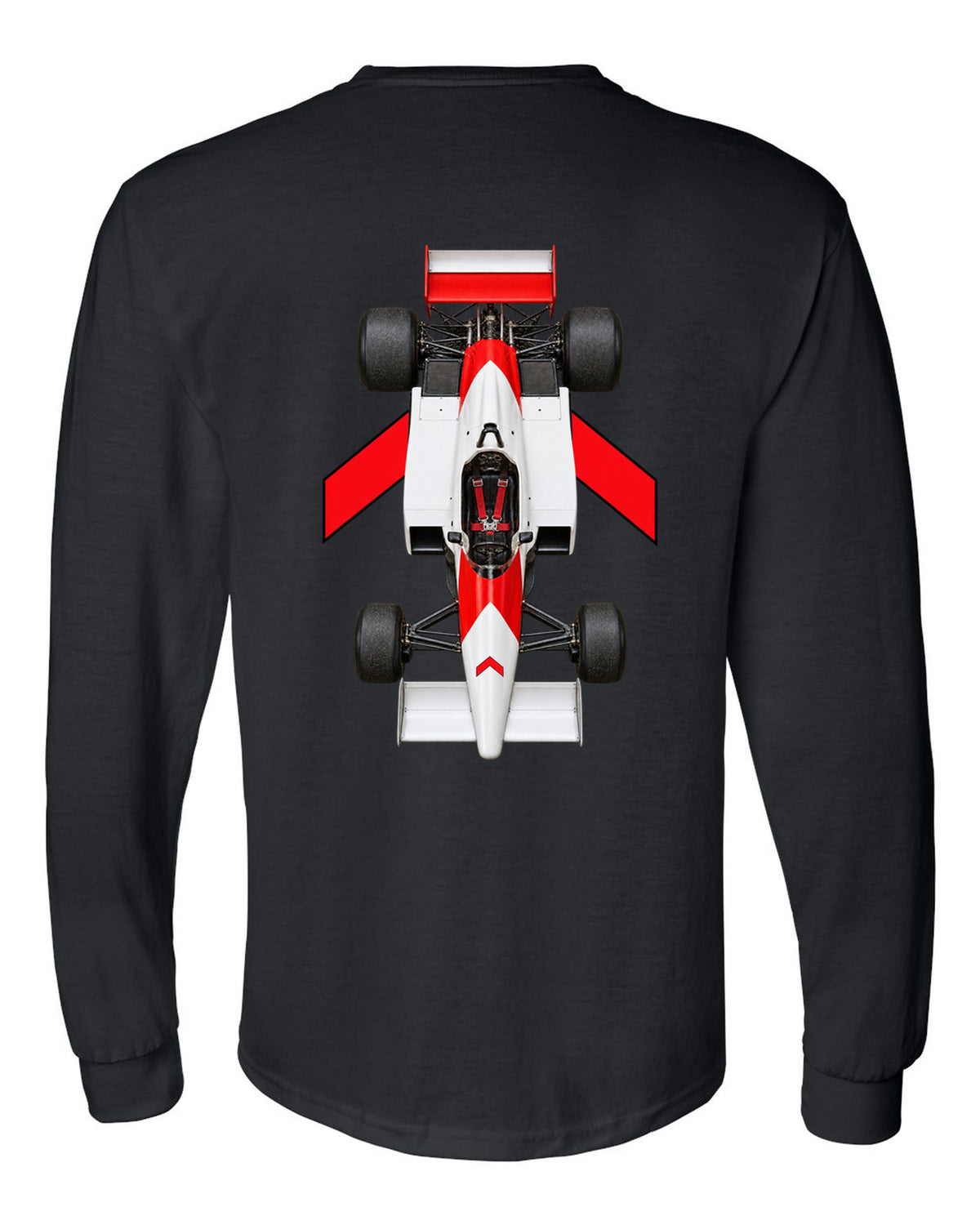 Mclaren MP4 1 1981 Formula 1 overhead poster artwork black long sleeve back view with the design