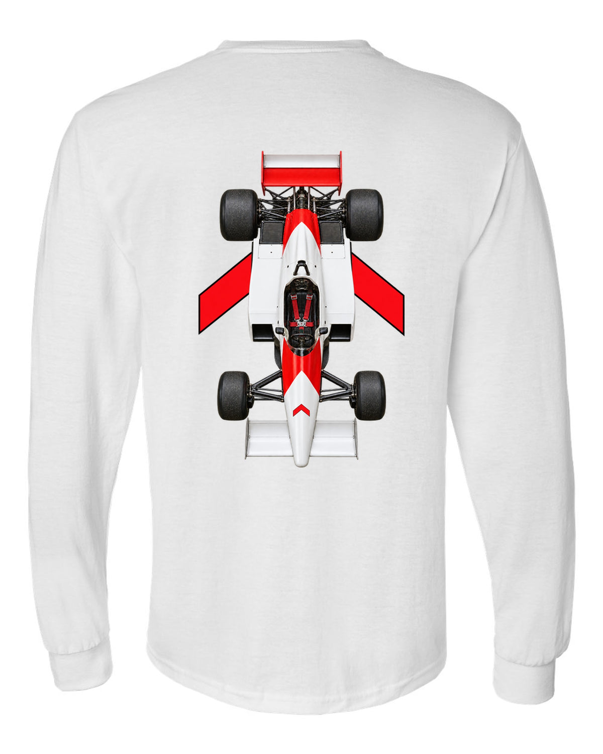 Mclaren MP4 1 1981 Formula 1 overhead poster artwork white long sleeve back view with the design