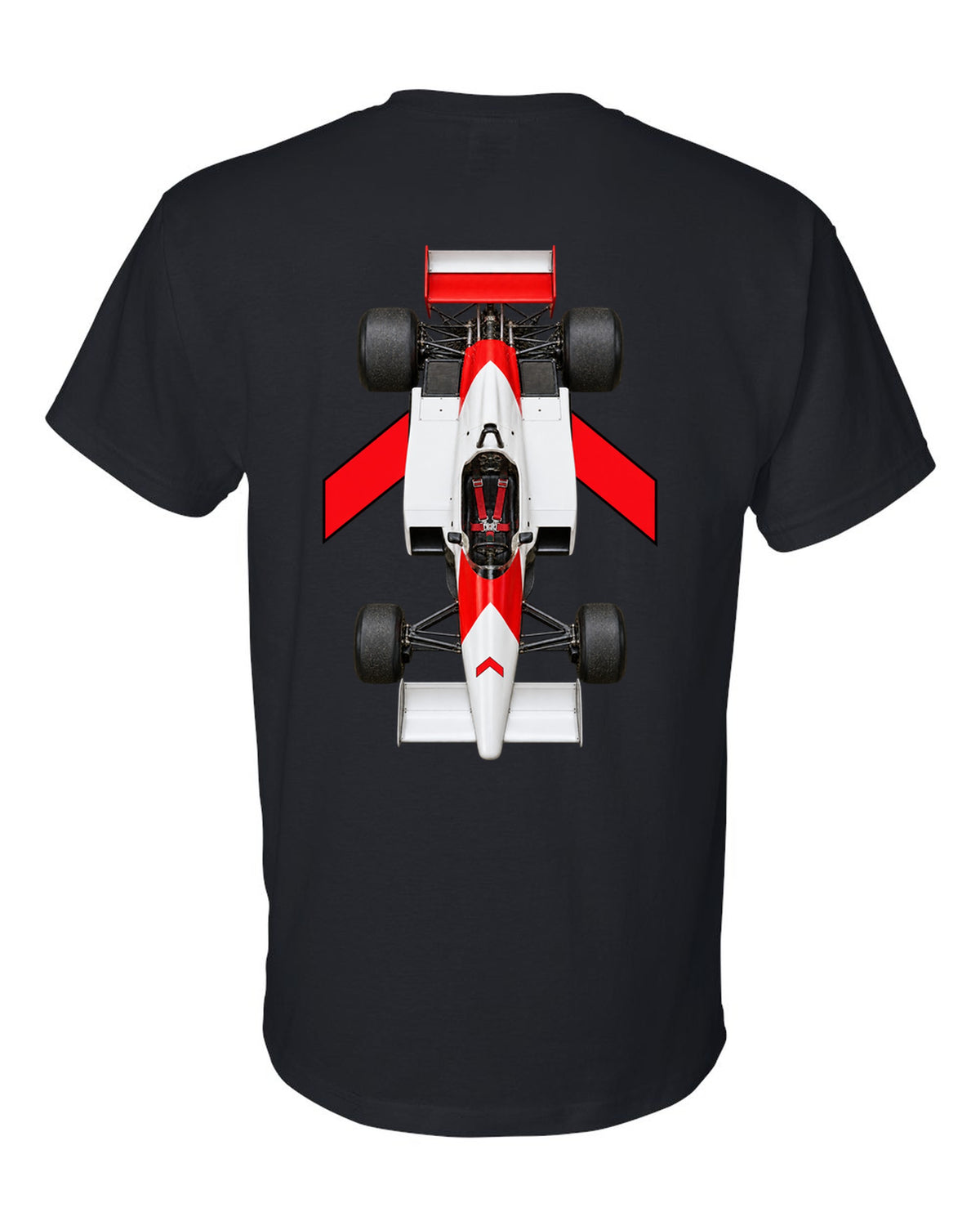 Mclaren MP4 1 1981 Formula 1 overhead poster artwork black t-shirt back view with the design
