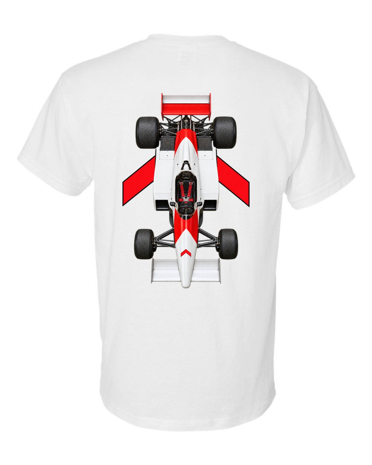 Mclaren MP4 1 1981 Formula 1 overhead poster artwork white t-shirt back view with the design